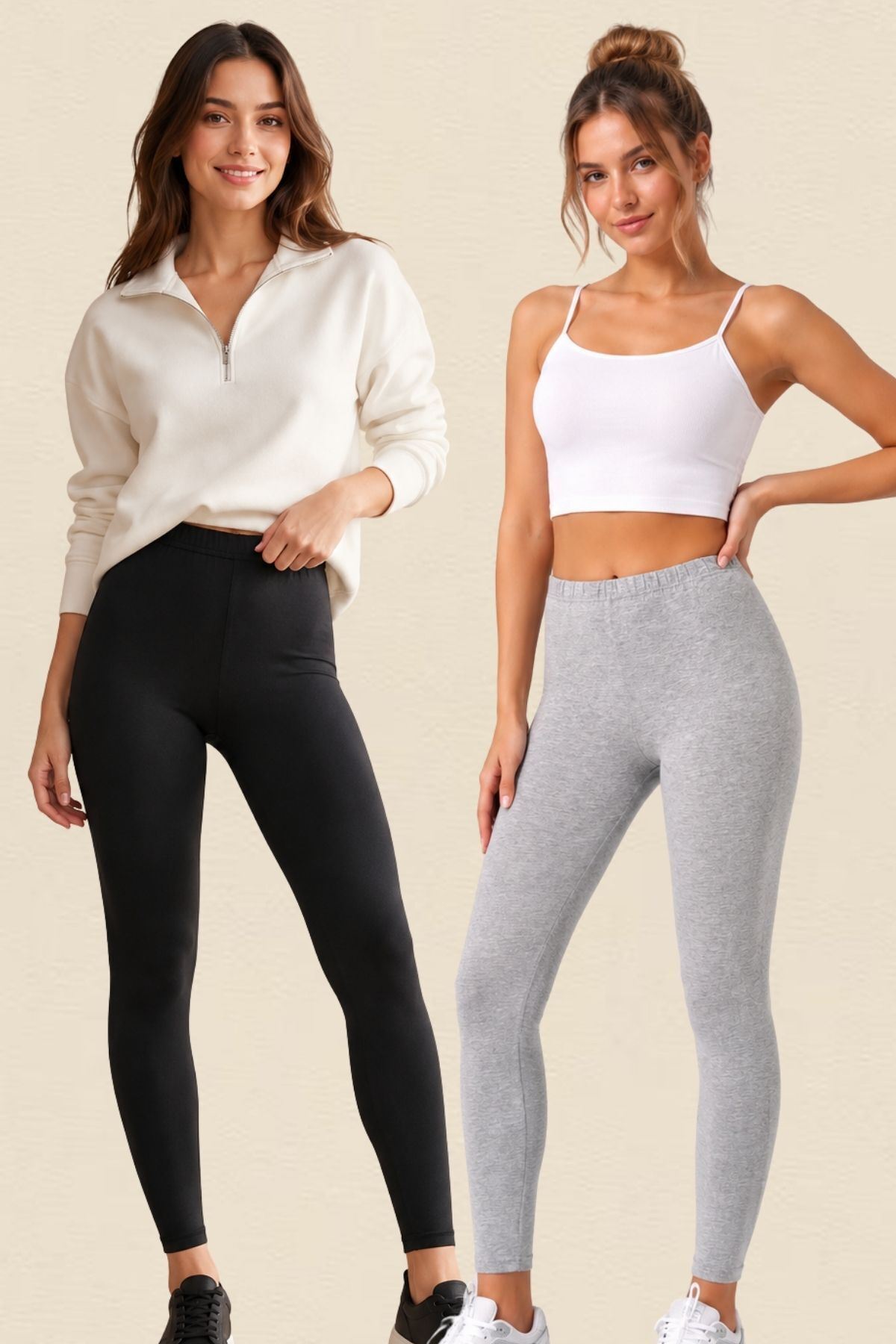 2'li Paket Kadın %95 Pamuklu Yüksek Bel Esnek Likralı Uzun Tayt Seti İç Göstermeyen Toparlayıcı Günlük Spor Rahat Basic İkili Tayt