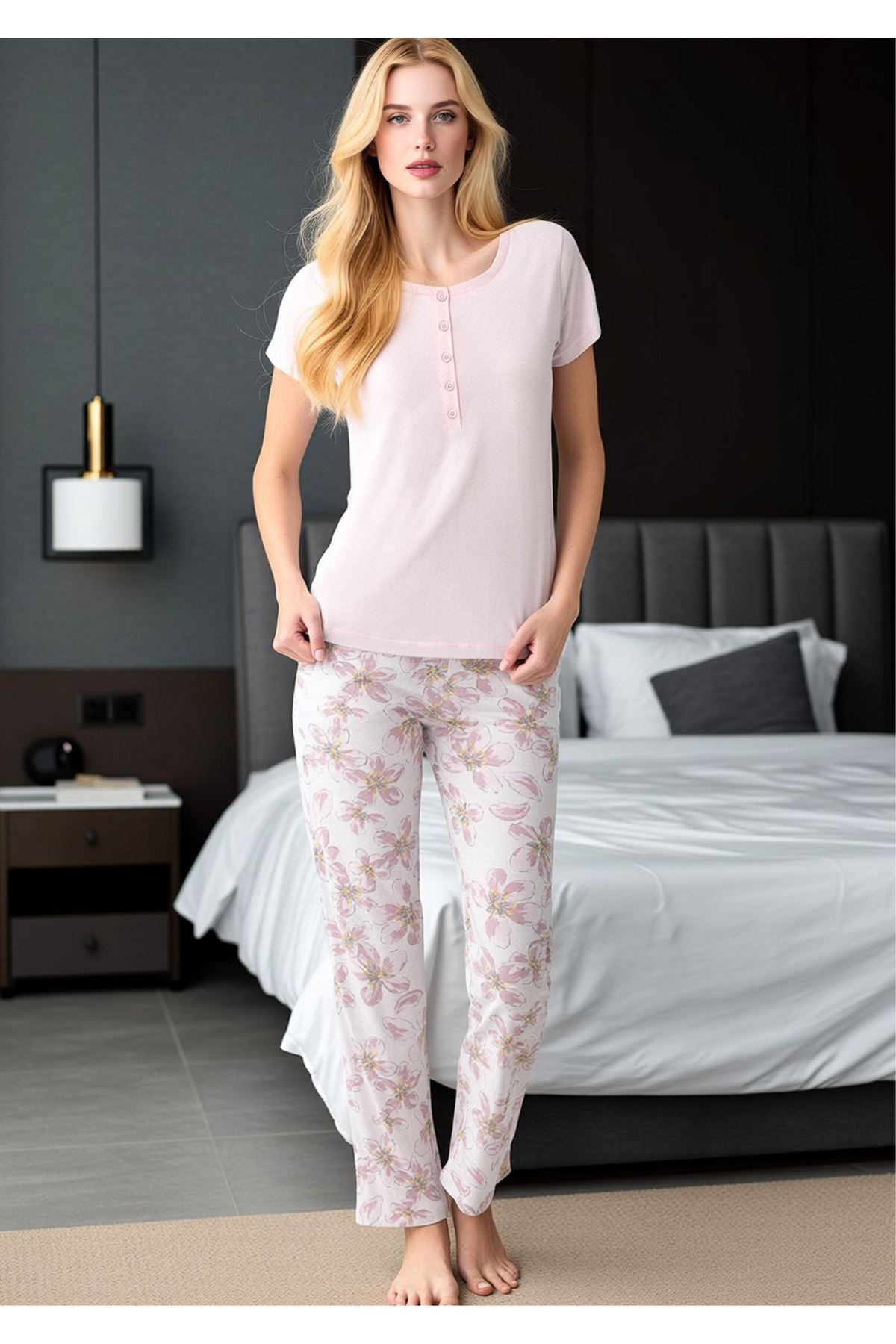 Kadın Çiçek Desenli Pijama Takımı - Yarım Düğmeli Pamuklu Uzun Alt Üst Set
