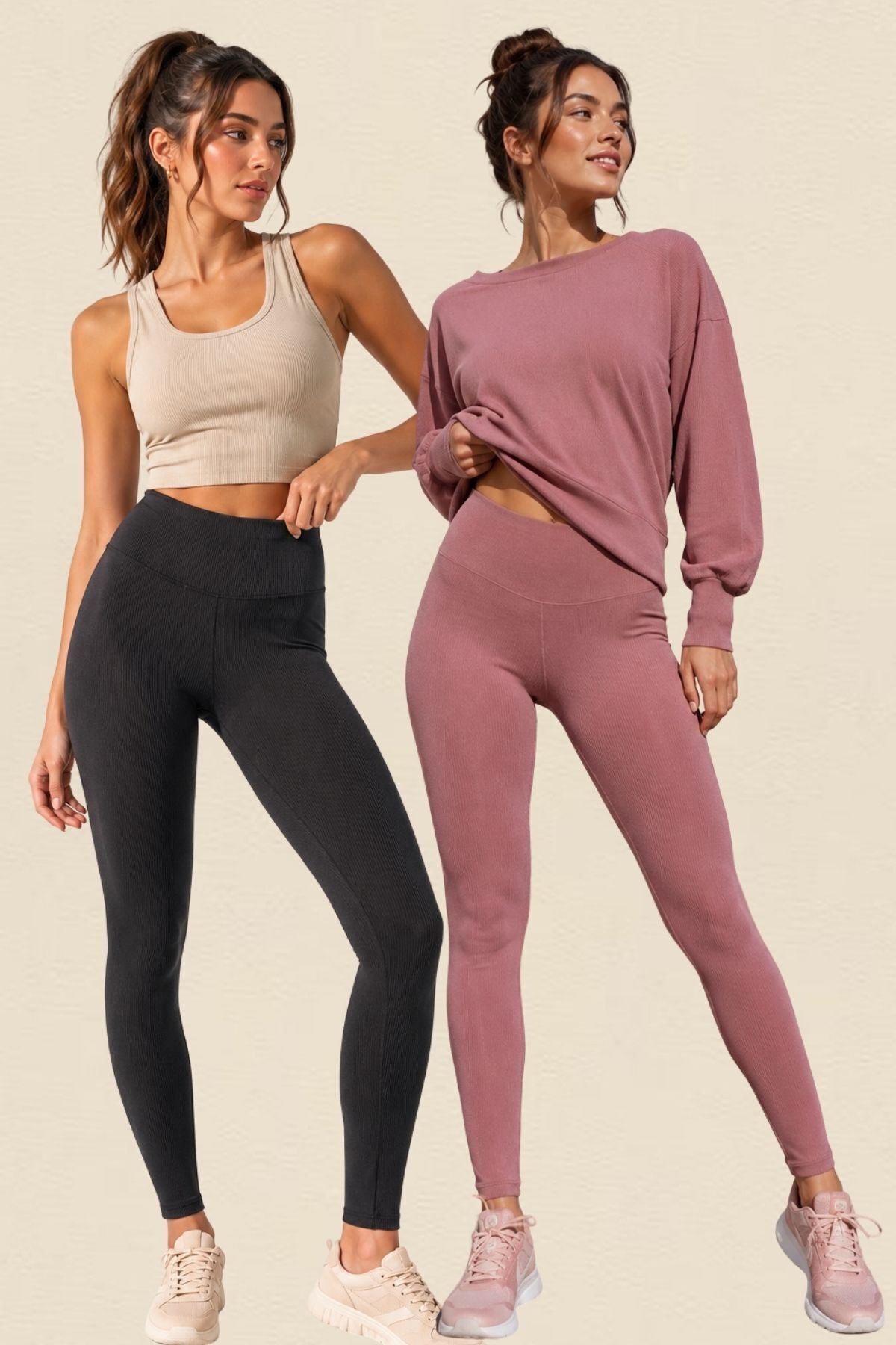 2'li Paket Kadın Yüksek Bel Toparlayıcı Fitilli Dalgıç Kaşkorse Kumaş Esnek Rahat Günlük ve Spor Yoga Pilates İç Göstermez Bilek Boy Uzun Tayt Seti