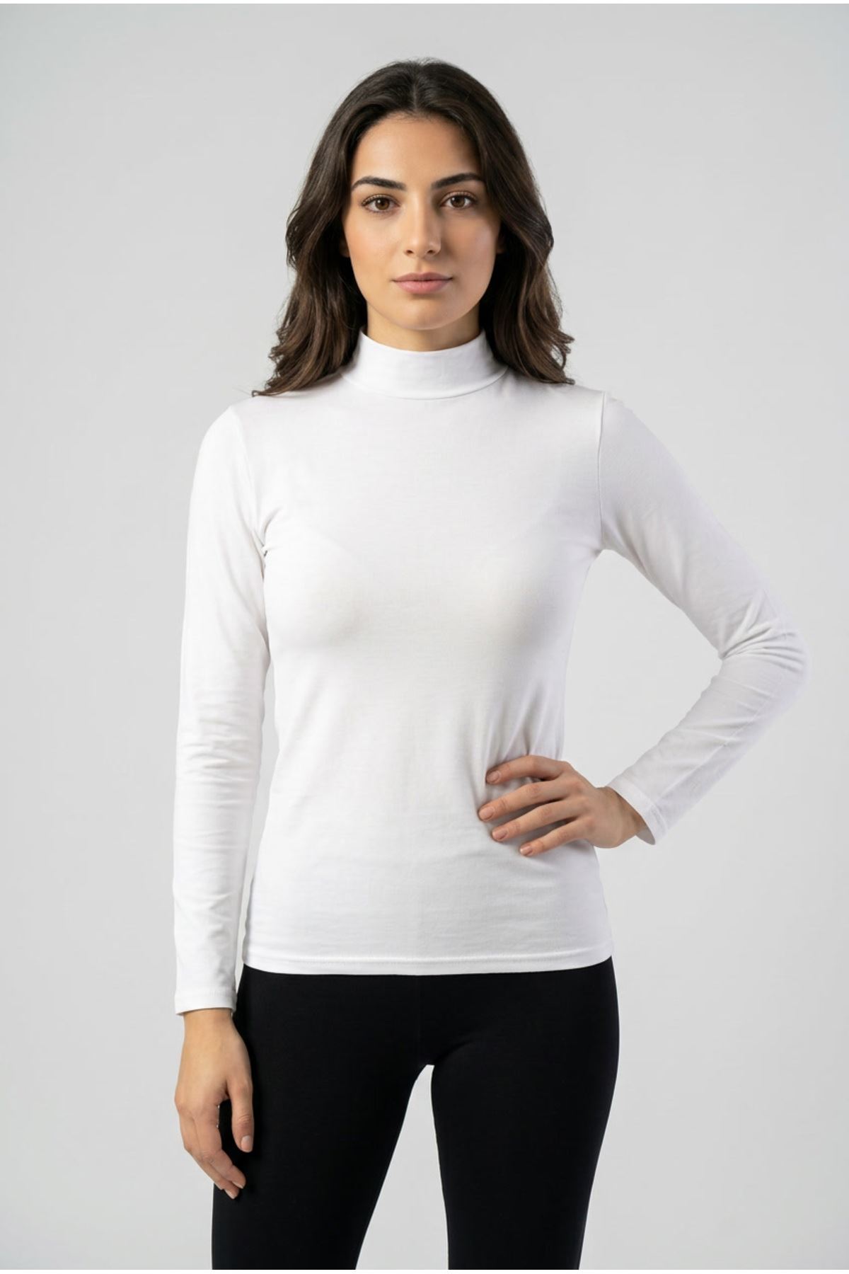Kadın Pamuklu Dik Yaka Uzun Kollu Esnek Basic Body Bluz - Yarım Boğazlı Terletmez Günlük T-Shirt