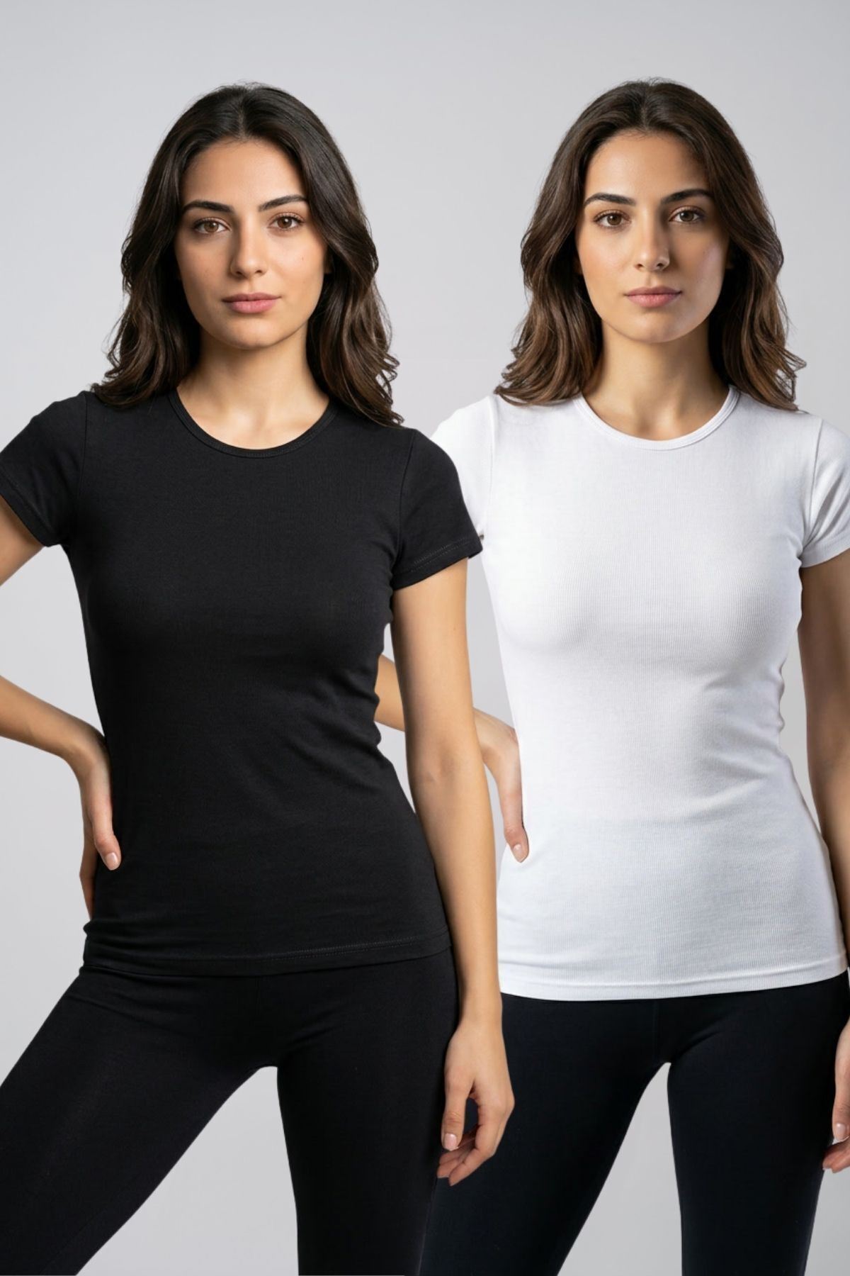Kadın 2'li Paket Bisiklet Yaka Kısa Kollu Basic Tişört Pamuklu Esnek Dar Kalıp Günlük T-Shirt Seti