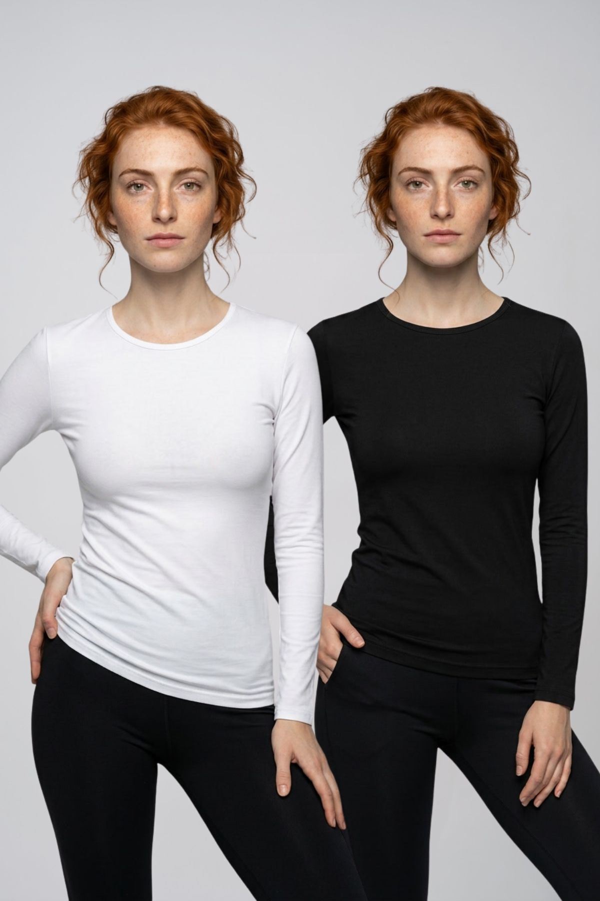 Kadın 2'li Paket Siyah & Beyaz Uzun Kollu Bisiklet Yaka Pamuklu Likralı Esnek Body Tişört Seti Günlük Temel Giyim M-3XL
