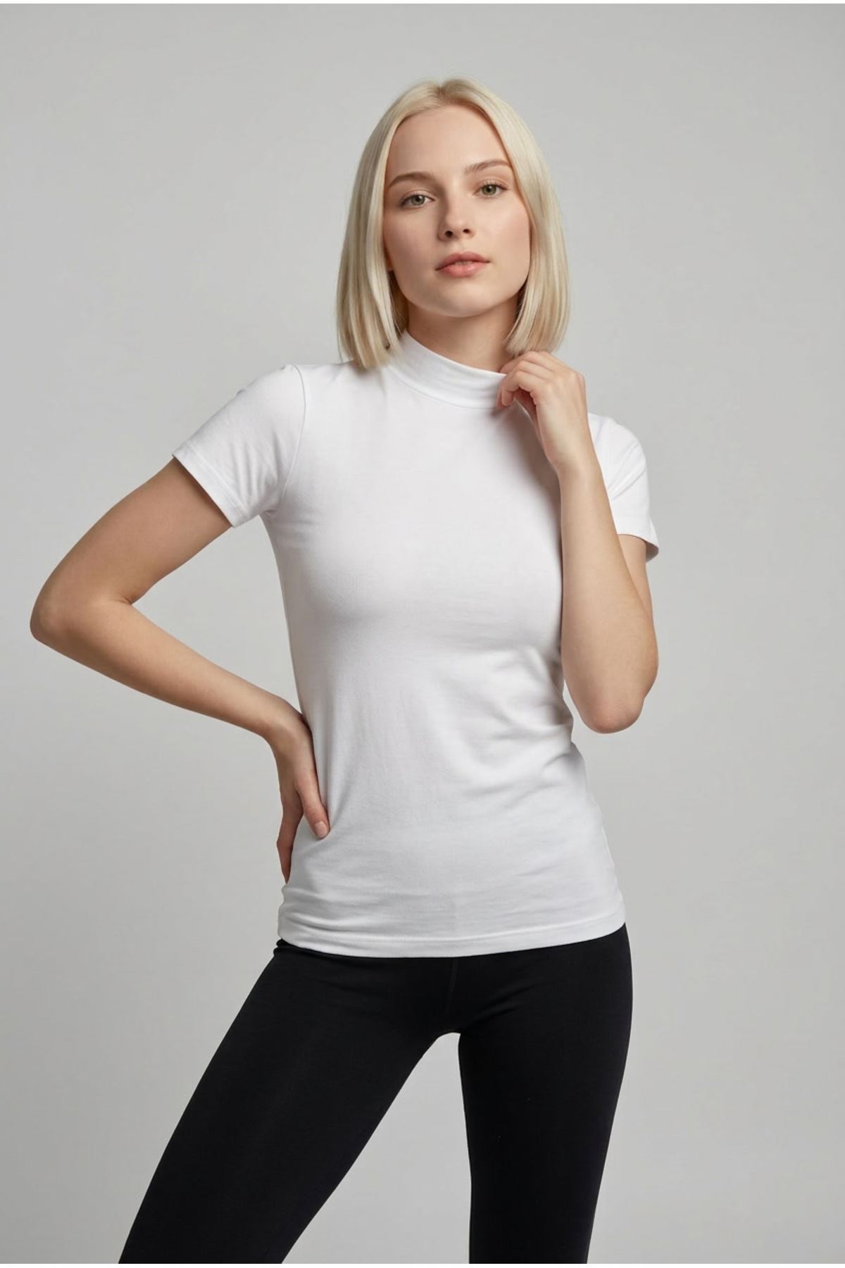 Kadın 2'li Paket Siyah Beyaz Pamuklu Yarım Balıkçı Yaka Kısa Kollu Basic Tişört Esnek Dik Yaka Likralı T-Shirt