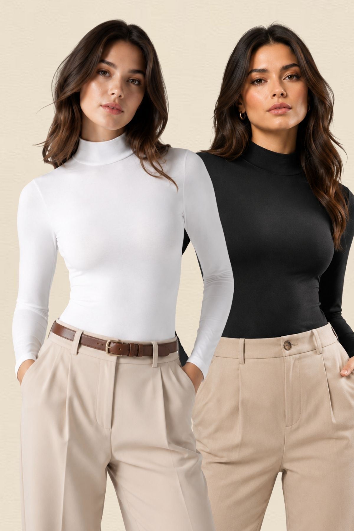 Kadın 2'li Paket Uzun Kollu Yarım Balıkçı Dik Yaka Pamuklu Kopçalı Body - Esnek Basic Çıtçıtlı Badi Seti
