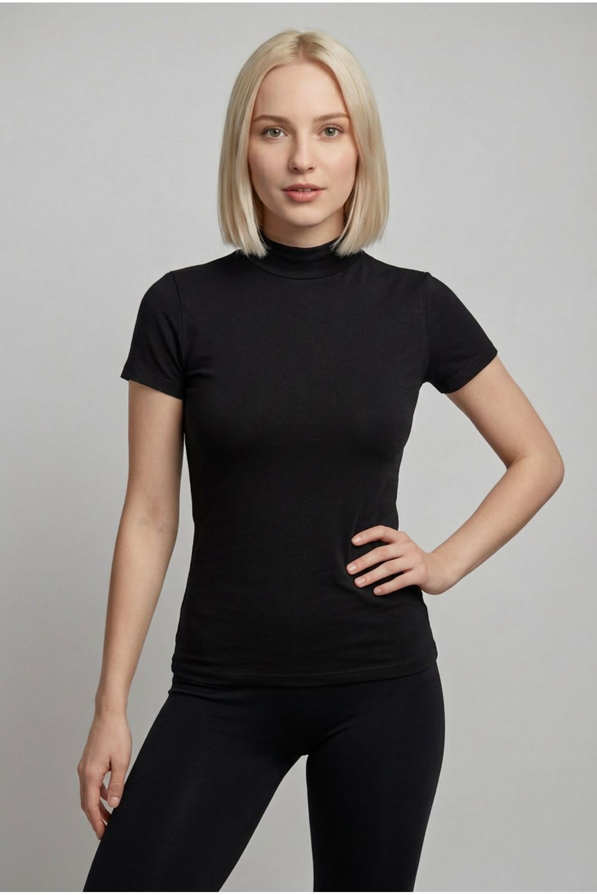 Kadın 2'li Paket Siyah Beyaz Pamuklu Yarım Balıkçı Yaka Kısa Kollu Basic Tişört Esnek Dik Yaka Likralı T-Shirt