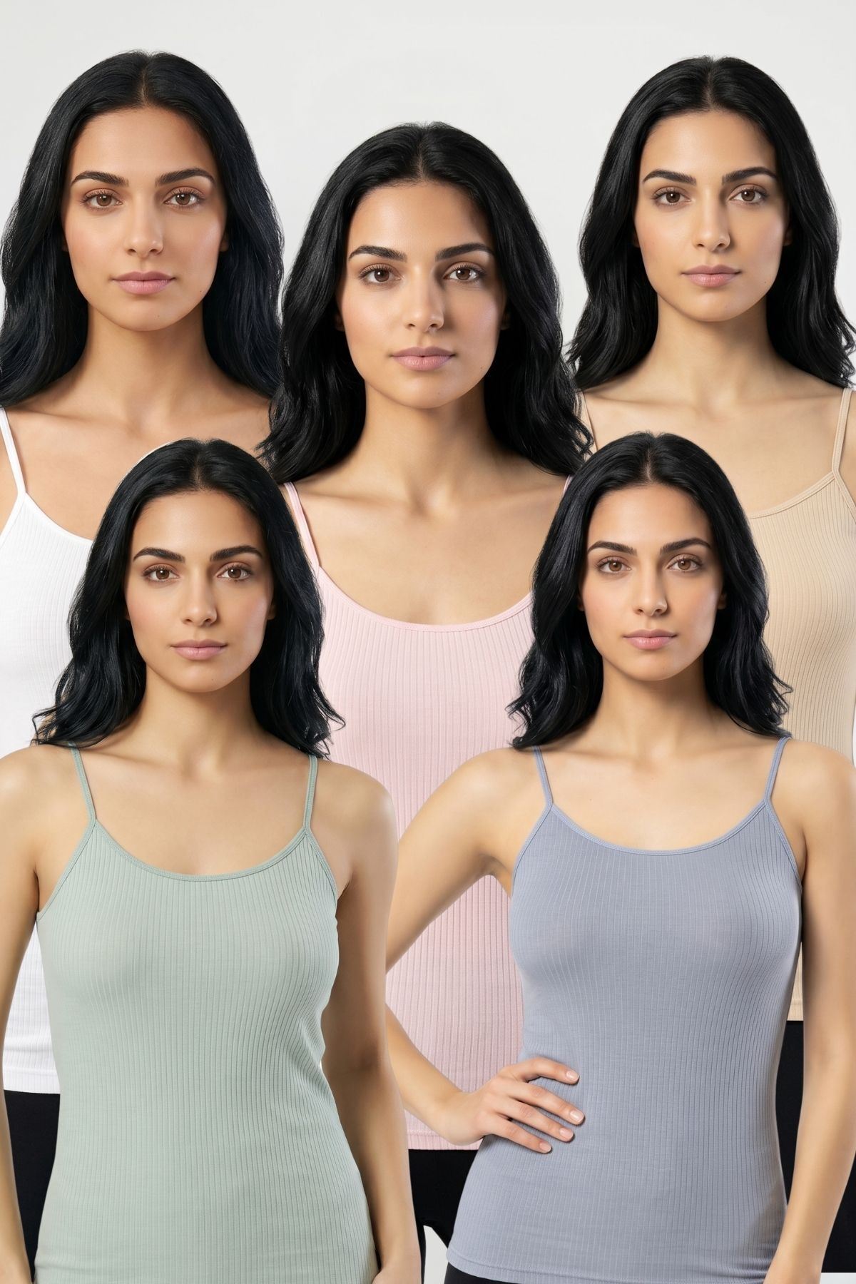 5'li Paket Kadın %95 Pamuklu İp Askılı Ribana Atlet Esnek Nefes Alan Kumaş Günlük Basic İç Giyim Vücudu Saran Kaşkorse Tarzı Çoklu Rahat Kombinlenebilir Ekonomik Beşli Set