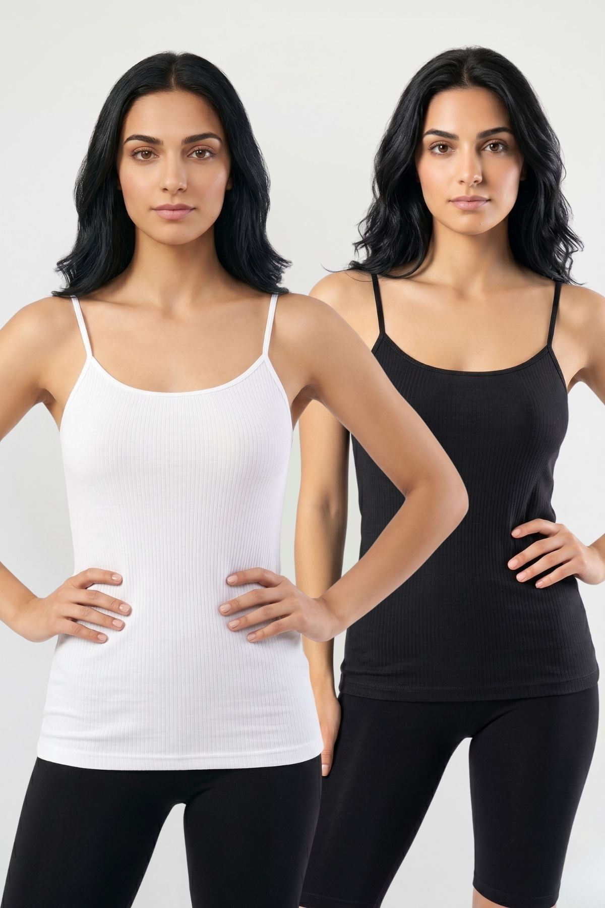 2'li Paket Kadın %95 Pamuklu İp Askılı Ribana Atlet Esnek Nefes Alan Kumaş Günlük Basic İç Giyim Vücudu Saran Kaşkorse Tarzı İkili Set