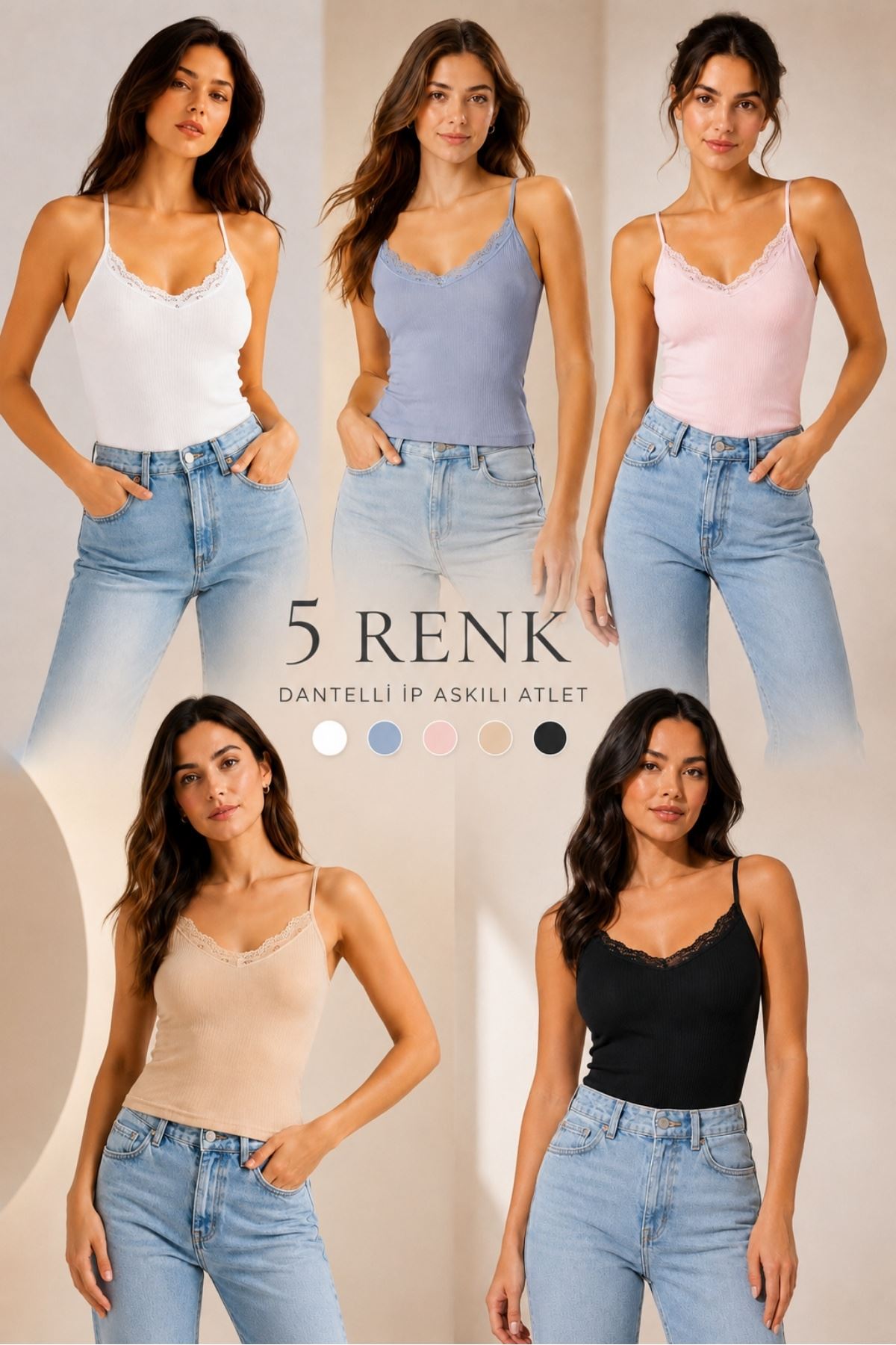 5'li Paket Kadın Pamuklu İnce Askılı Dantel Detaylı Bisiklet Yaka Ribana Esnek Atlet Günlük Rahat İç Giyim Çoklu Set
