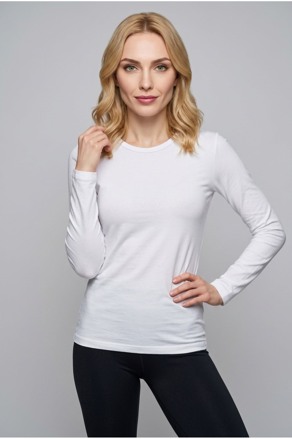 Kadın Uzun Kollu Bisiklet Yaka Pamuklu Likralı Esnek Body Bluz Rahat Kesim Günlük Basic Tişört İçlik