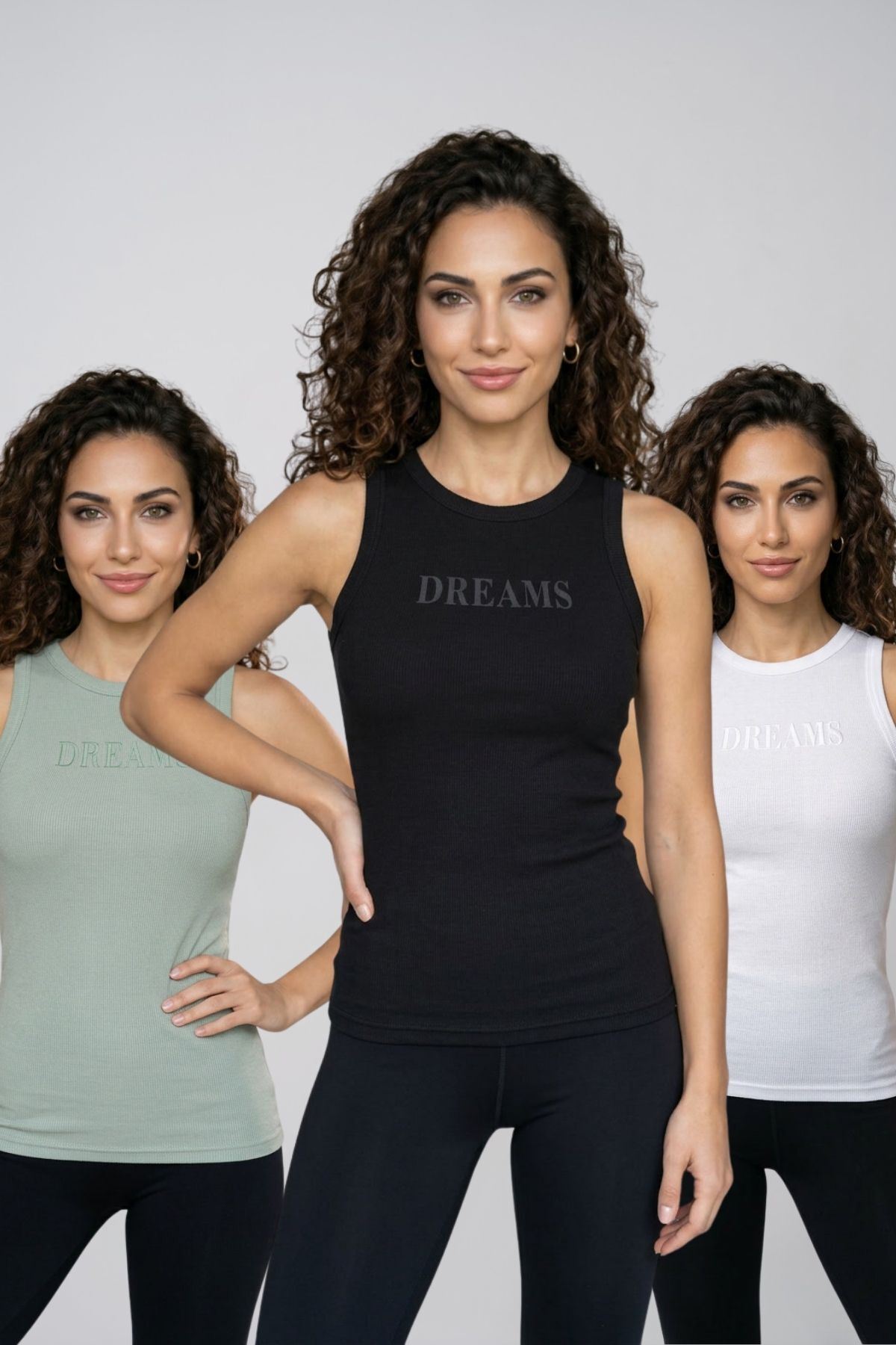 Kadın 3'lü Paket Pamuklu Kaşkorse Kalın Askılı Bisiklet Yaka Önü Yazı Baskılı Esnek Dar Kesim Slim Fit Spor ve Günlük Atlet Seti