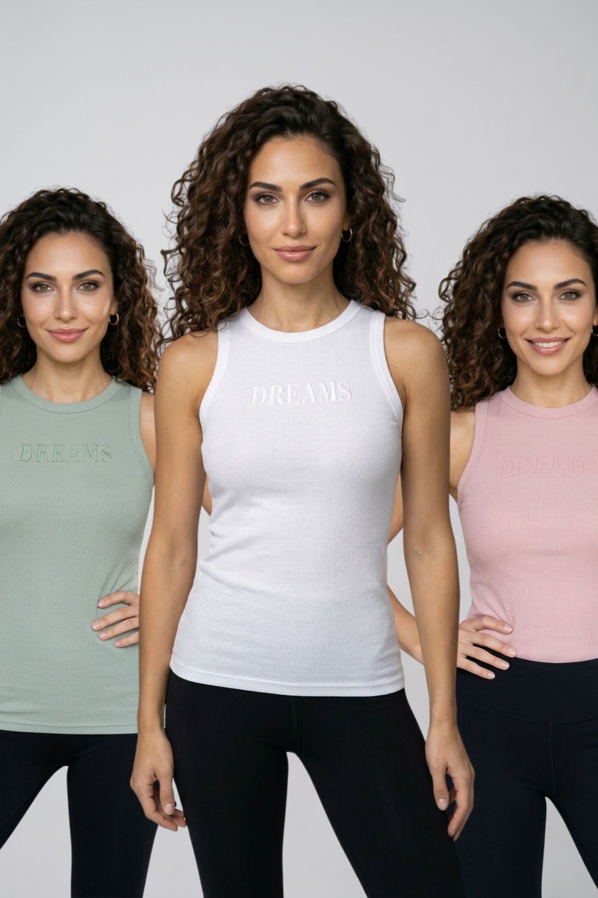 Kadın 3'lü Paket Pamuklu Kaşkorse Kalın Askılı Bisiklet Yaka Önü Yazı Baskılı Esnek Dar Kesim Slim Fit Spor ve Günlük Atlet Seti