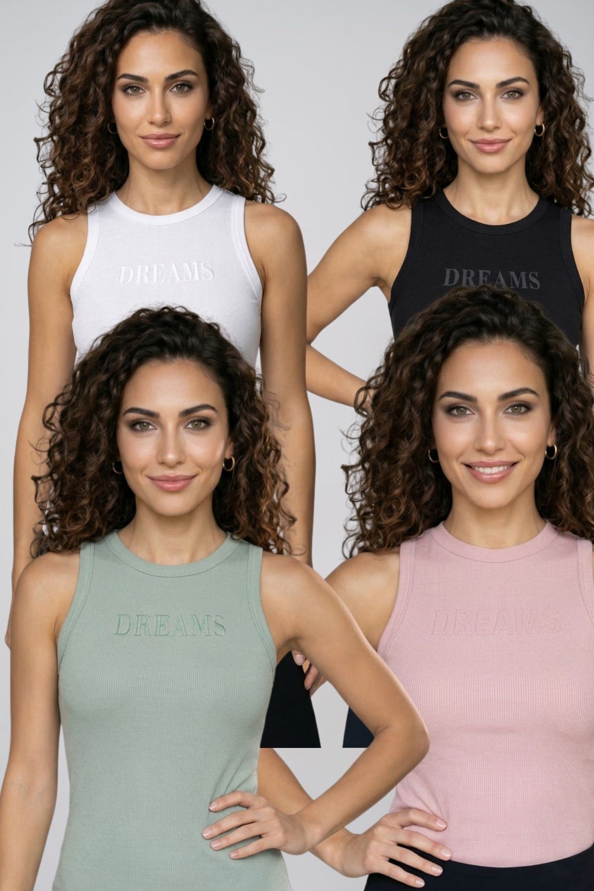Kadın 4'lü Paket Pamuklu Kaşkorse Kalın Askılı Bisiklet Yaka Önü Yazı Baskılı Esnek Dar Kesim Slim Fit Günlük Spor Atlet Seti