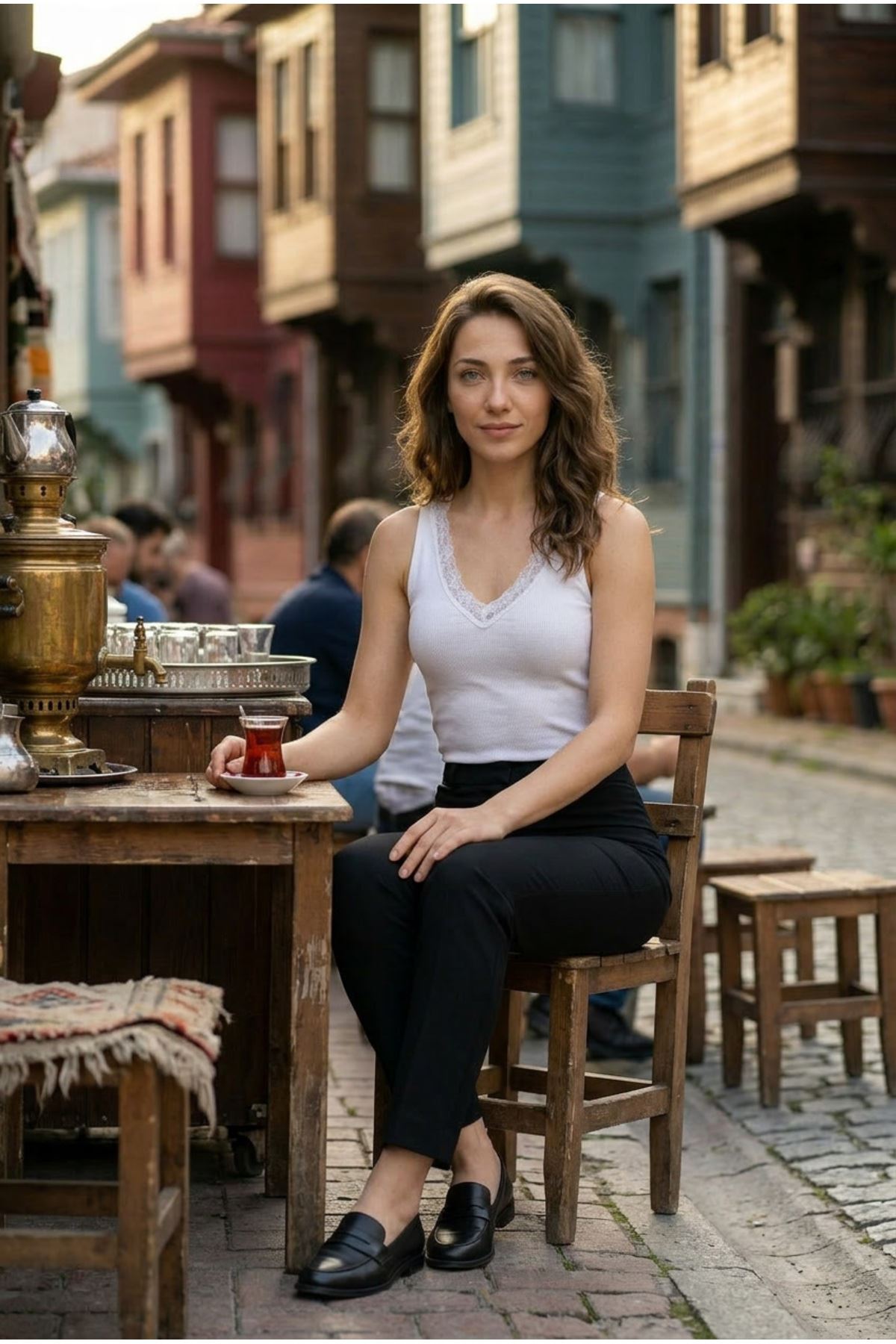 Kadın V Yaka Dantel Detaylı Kaşkorse Kalın Askılı Pamuklu Esnek Rahat Basic Günlük Atlet Şık İç Giyim