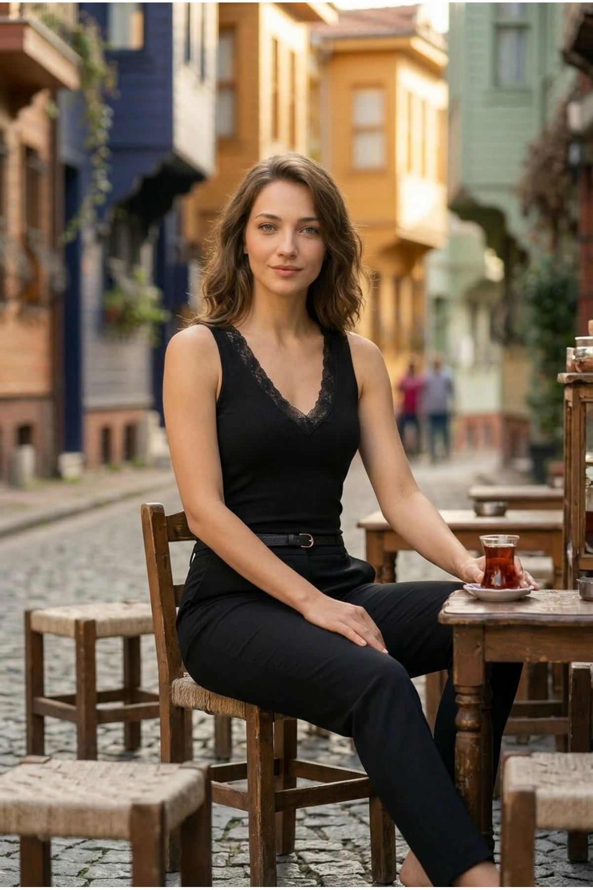 Kadın 2'li Paket Siyah Beyaz V Yaka Dantelli Kaşkorse Kalın Askılı Pamuklu Esnek Rahat Basic Günlük Atlet İç Giyim Seti