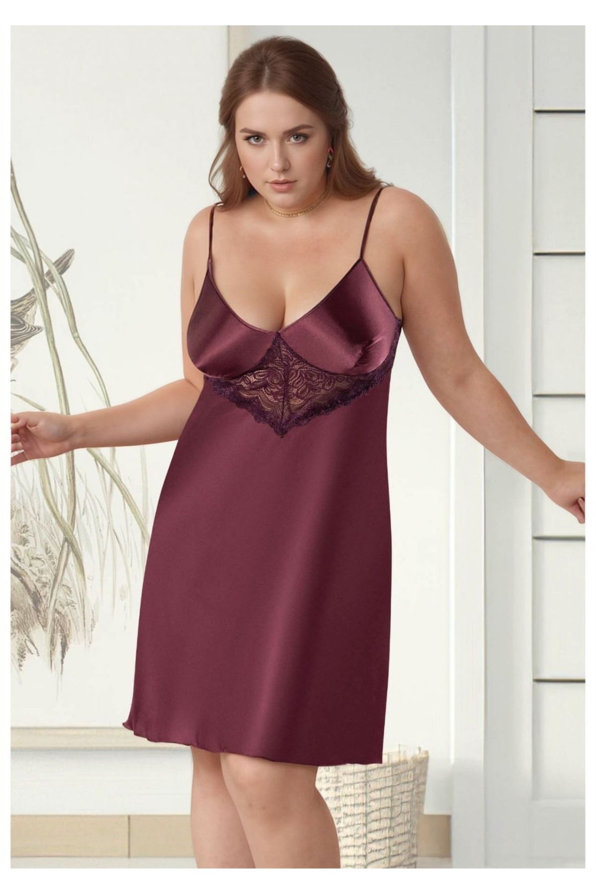 Kadın Mürdüm Büyük Beden Saten Gecelik - Göğüs Altı Güpürlü Plus Size Ev Giyimi