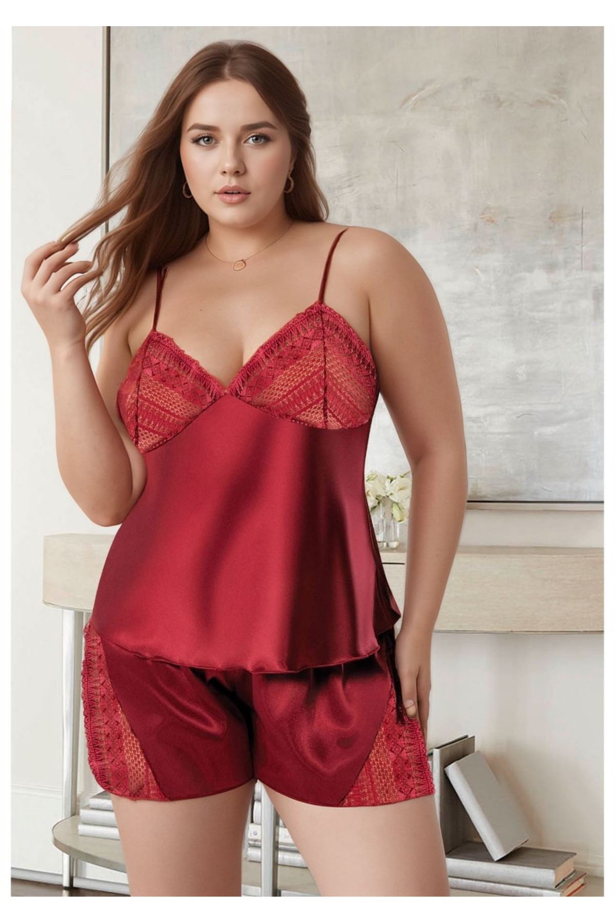 Kadın Büyük Beden Bordo Saten Şortlu Pijama Takımı Dantelli