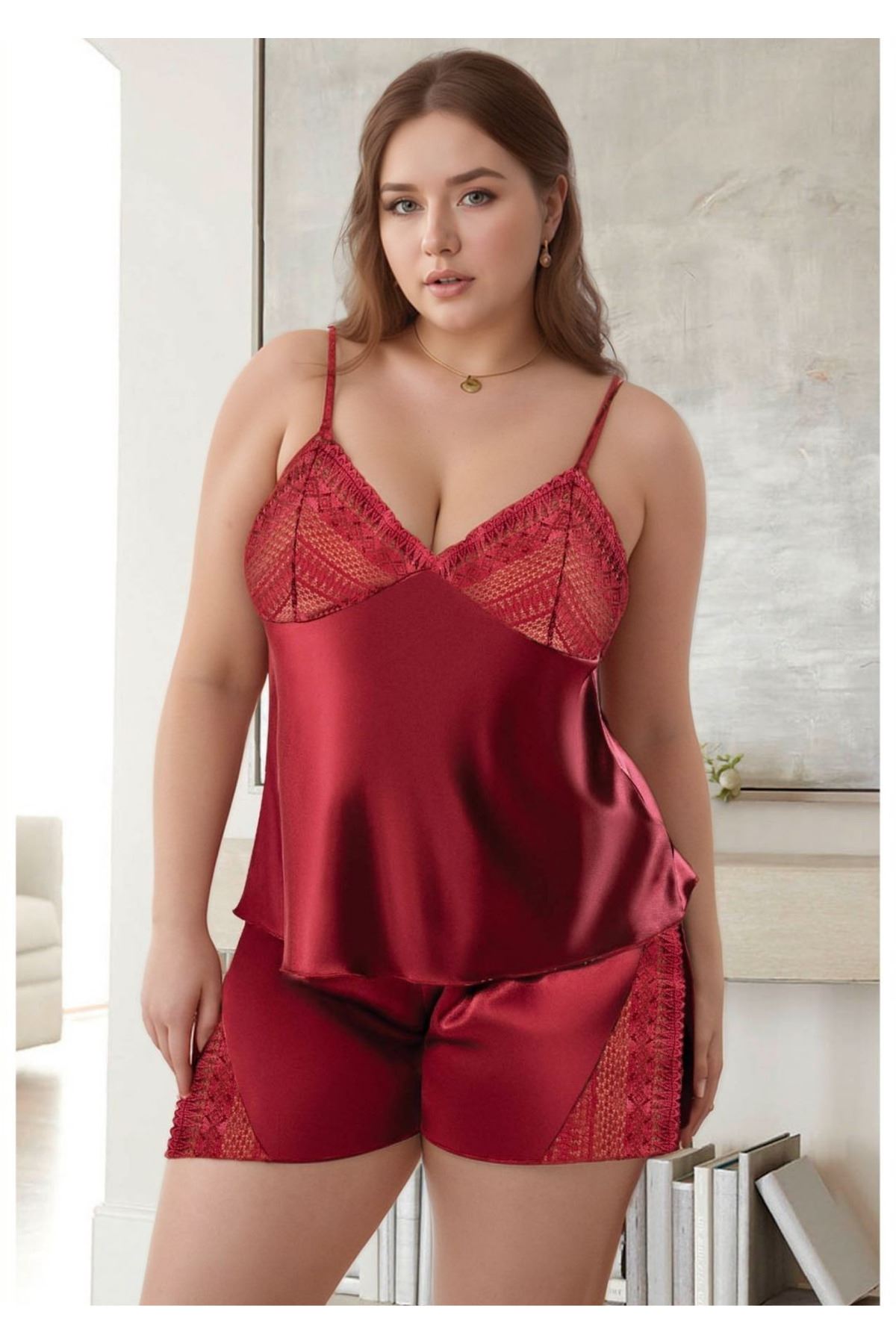 Kadın Büyük Beden Bordo Saten Şortlu Pijama Takımı Dantelli