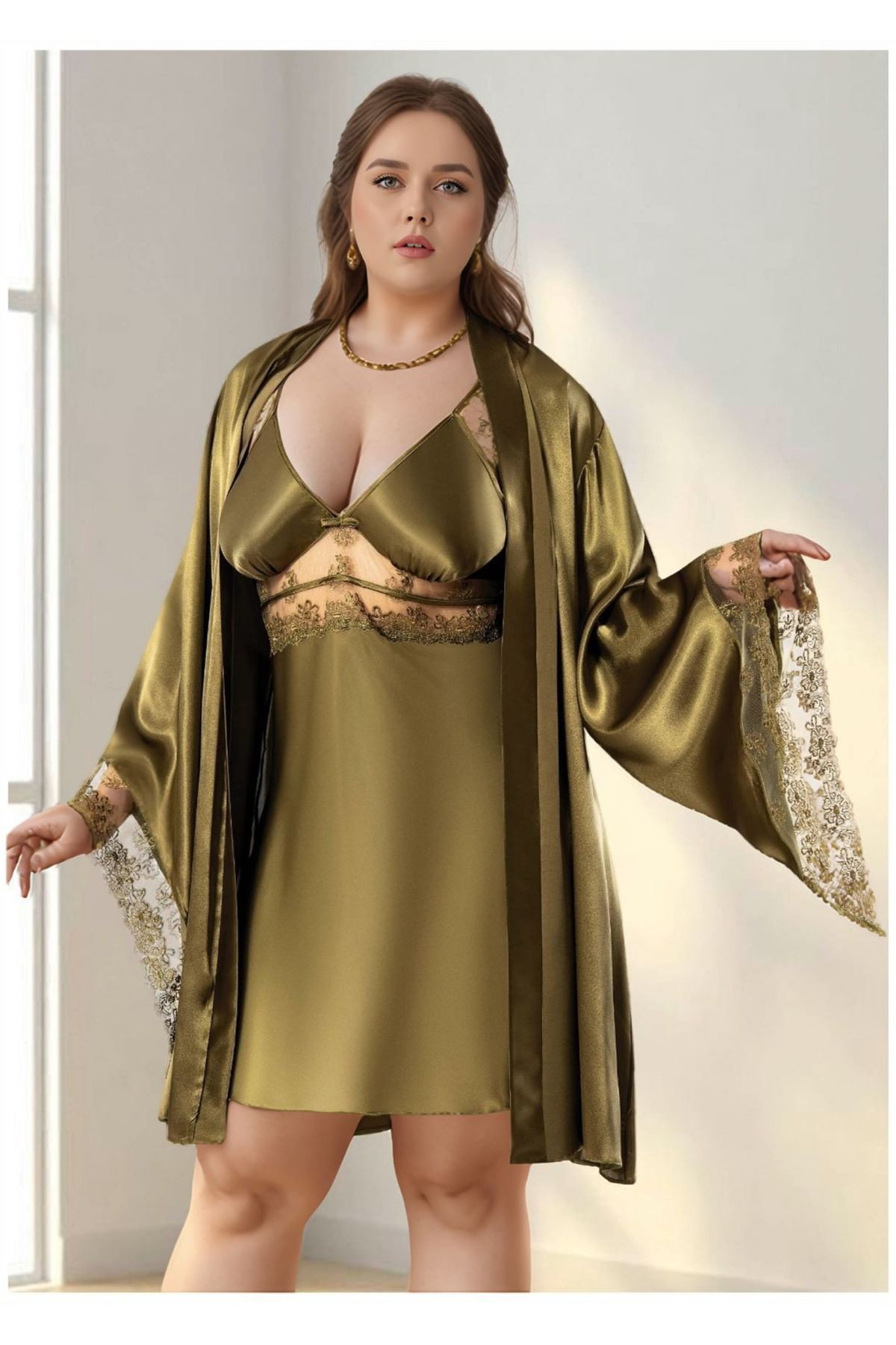 Büyük Beden Saten Gecelik Sabahlık Takımı - Haki Yeşili Dantel Detaylı 2'li Plus Size Set