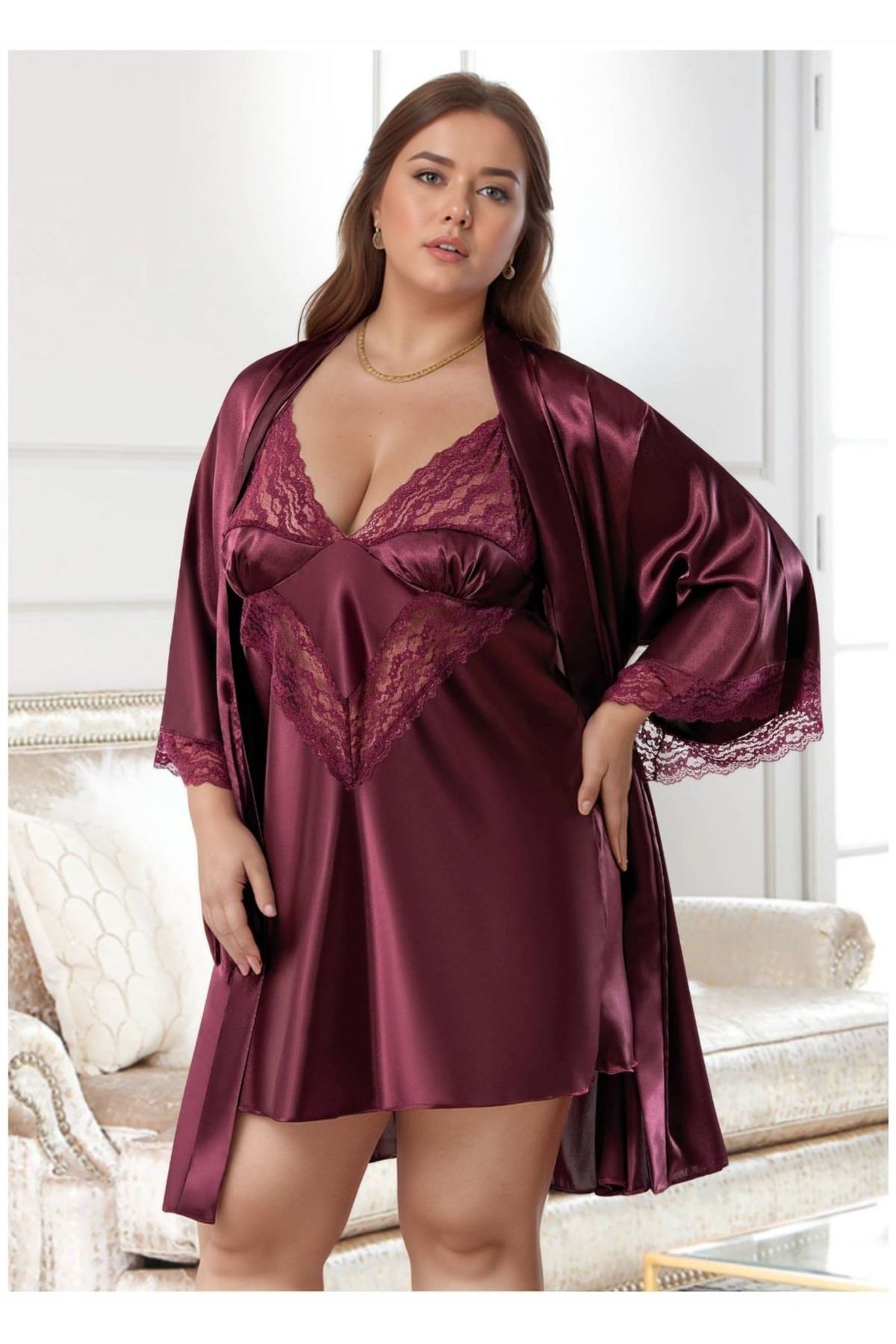 Büyük Beden Saten Gecelik Sabahlık Takımı - Mürdüm Dantel Detaylı 2'li Plus Size