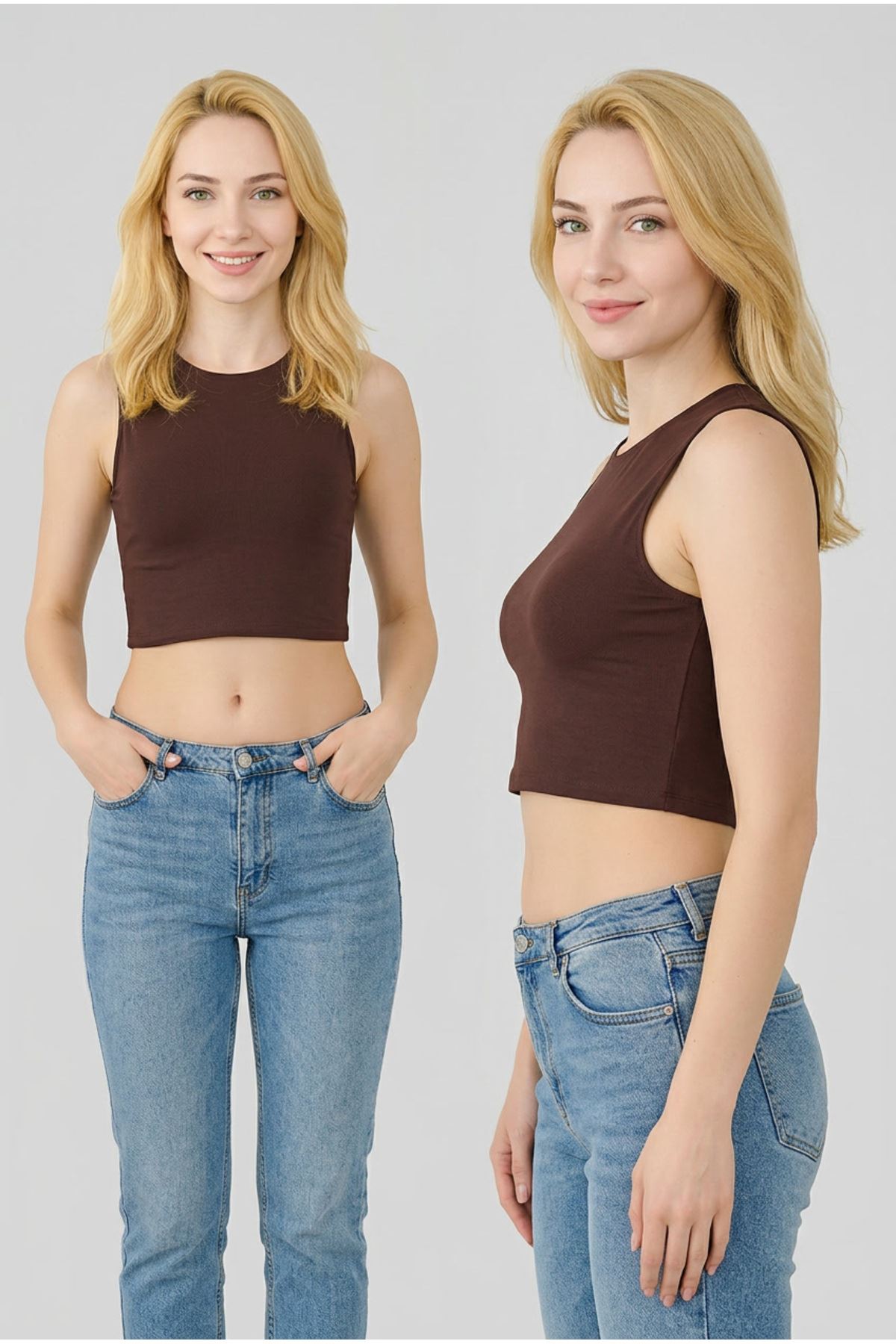 2'li Paket Kadın Kahverengi Bisiklet Yaka Kalın Askılı Esnek Basic Supreme Crop Top