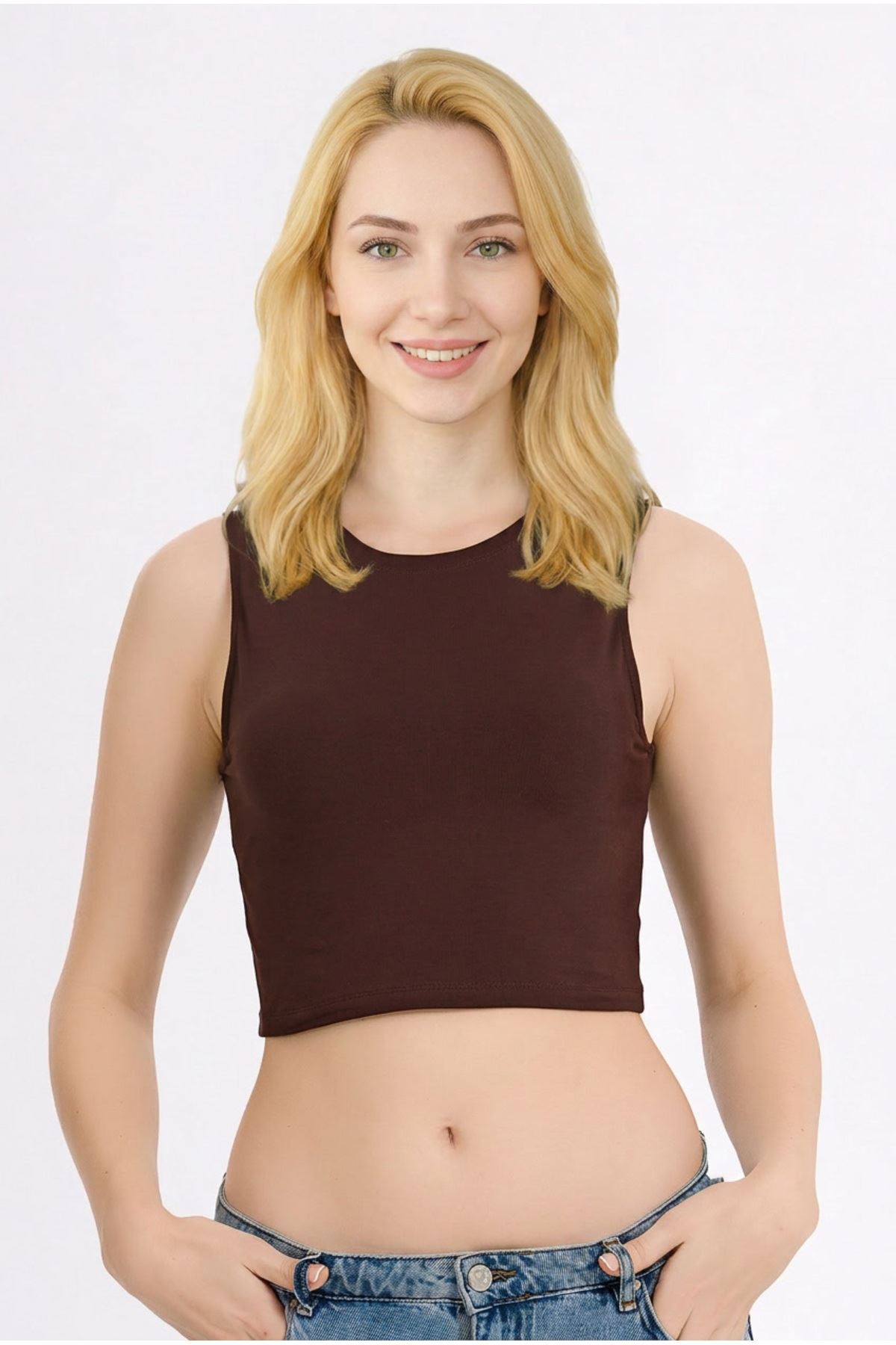 2'li Paket Kadın Kahverengi Bisiklet Yaka Kalın Askılı Esnek Basic Supreme Crop Top