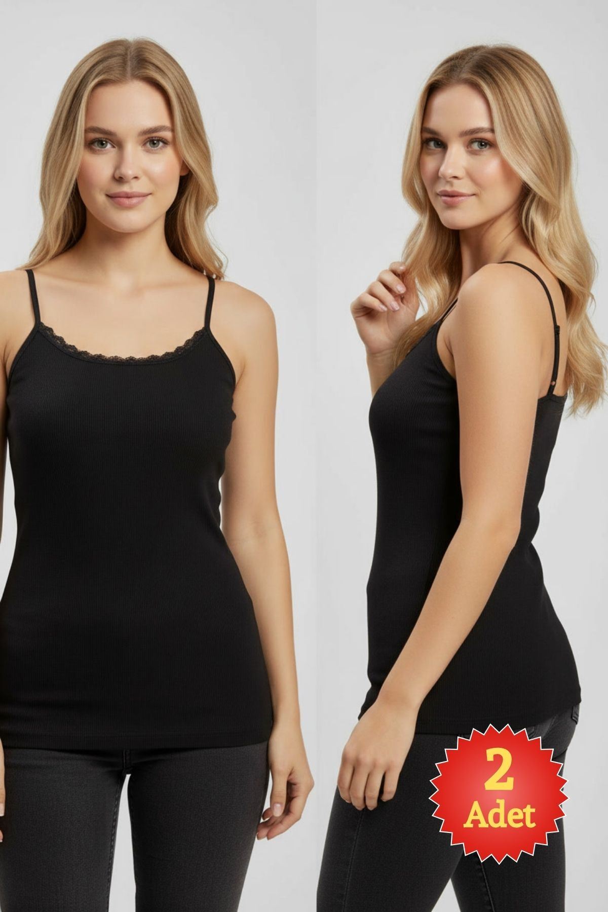 Kadın Siyah %100 Pamuk Kaşkorse Dantelli İp Askılı Atlet 2'li Paket