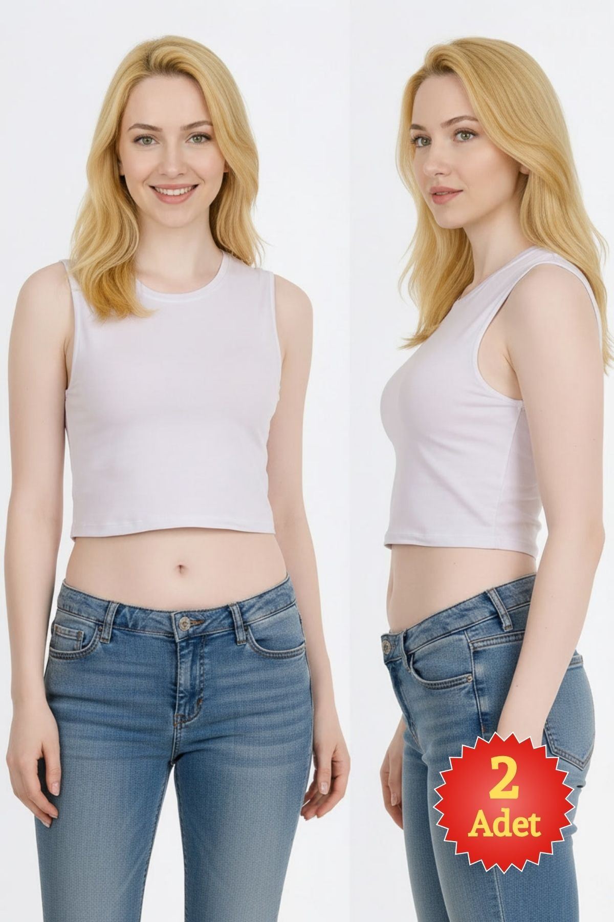 2'li Paket Kadın Beyaz Bisiklet Yaka Kalın Askılı Likralı Pamuklu Basic Crop Tişört