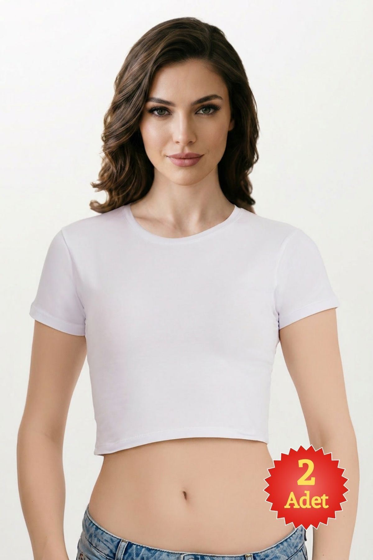 Kadın 2'li Paket Bisiklet Yaka Kısa Kollu Likralı Pamuklu Dar Kalıp Basic Crop Tişört & Bluz