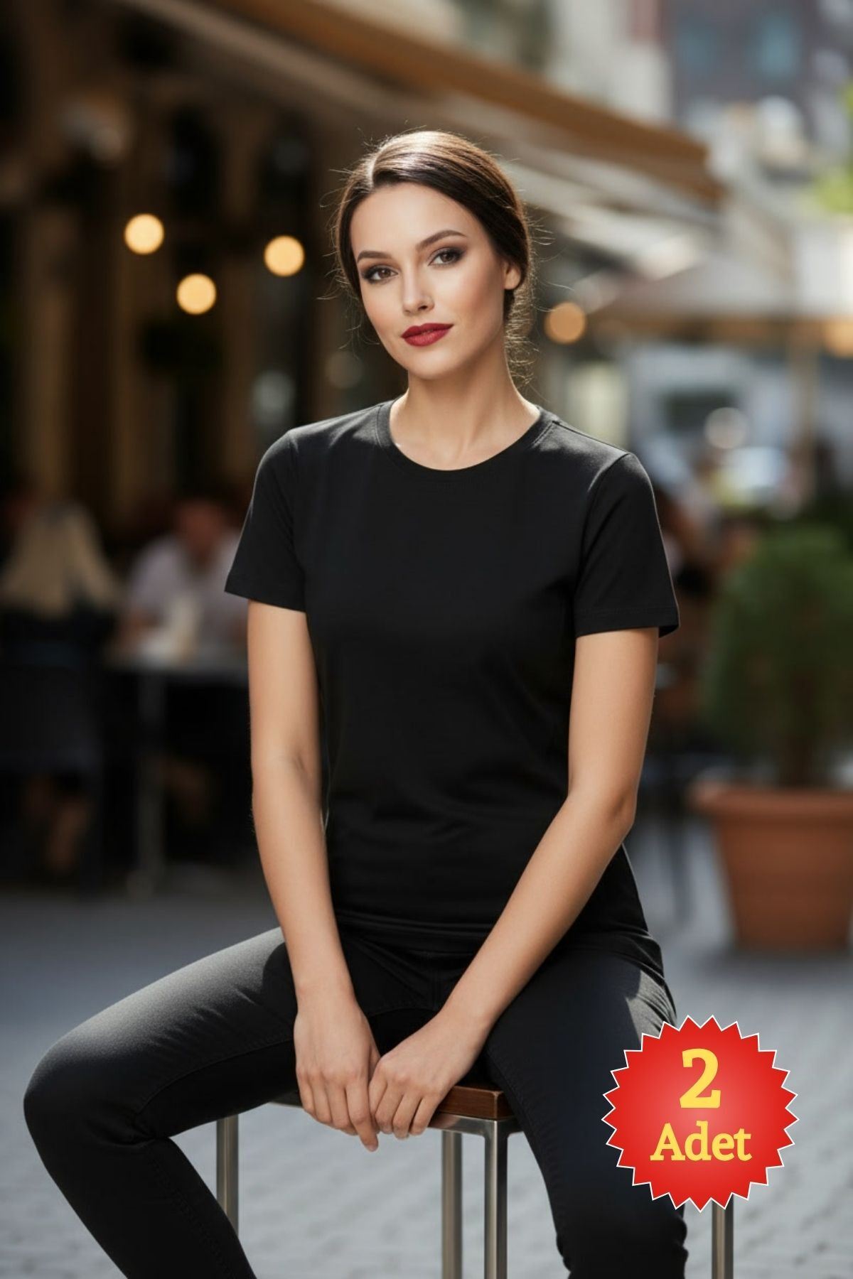 Kadın 2'li Paket Basic Kısa Kollu Bisiklet Yaka Pamuklu Likralı Esnek Tişört Seti