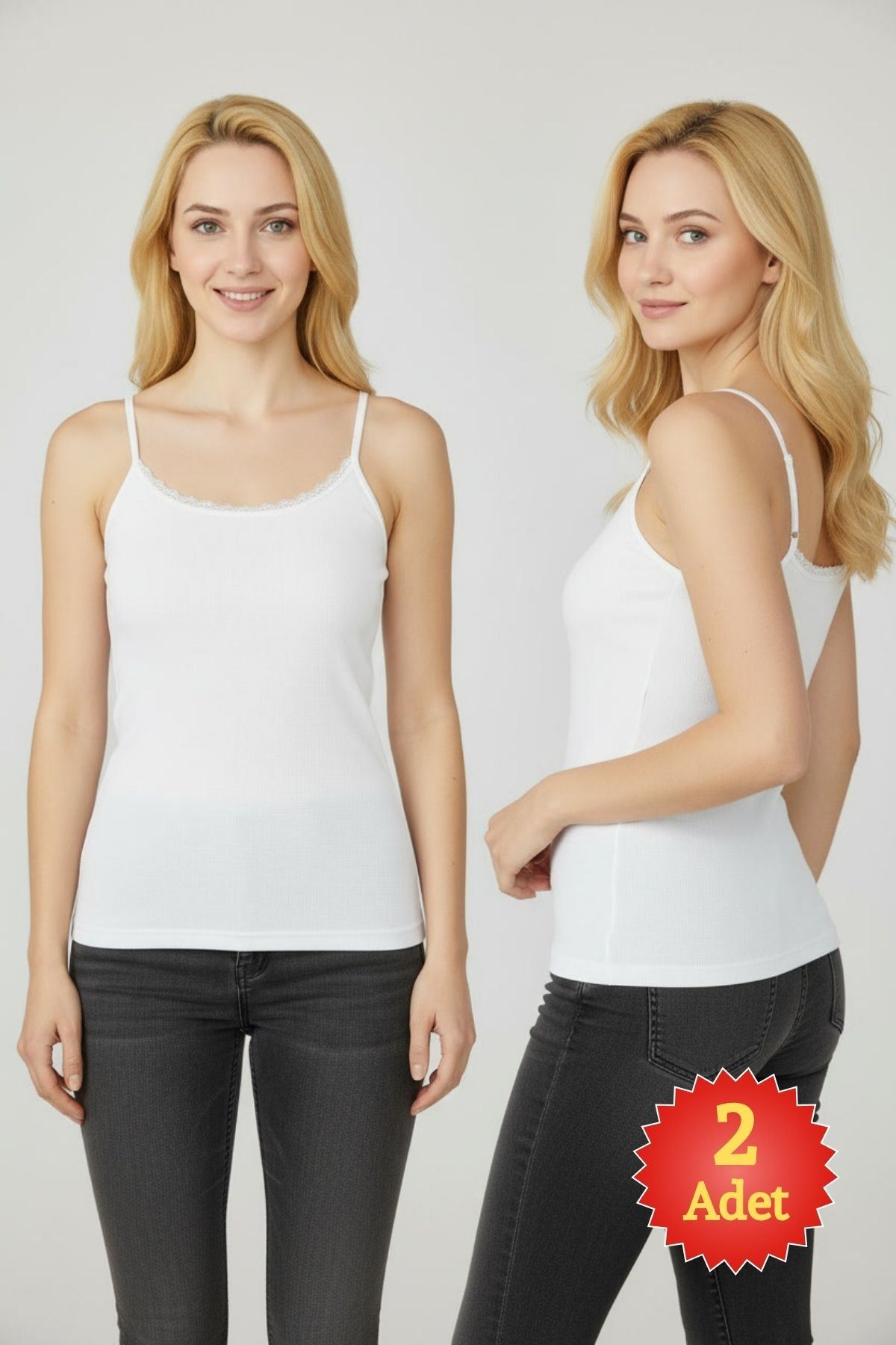 Kadın Beyaz %100 Pamuk Kaşkorse Dantelli İp Askılı Atlet 2'li Paket