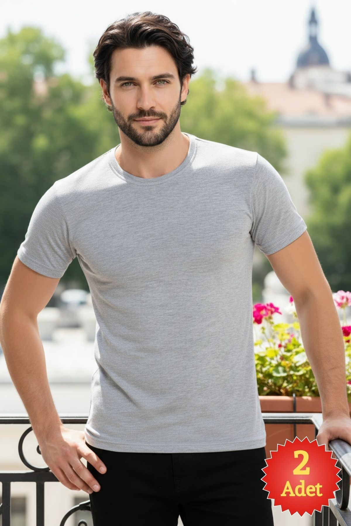 Erkek Gri Melanj %100 Pamuklu Süprem 2'li Bisiklet Yaka Basic Tişört Seti