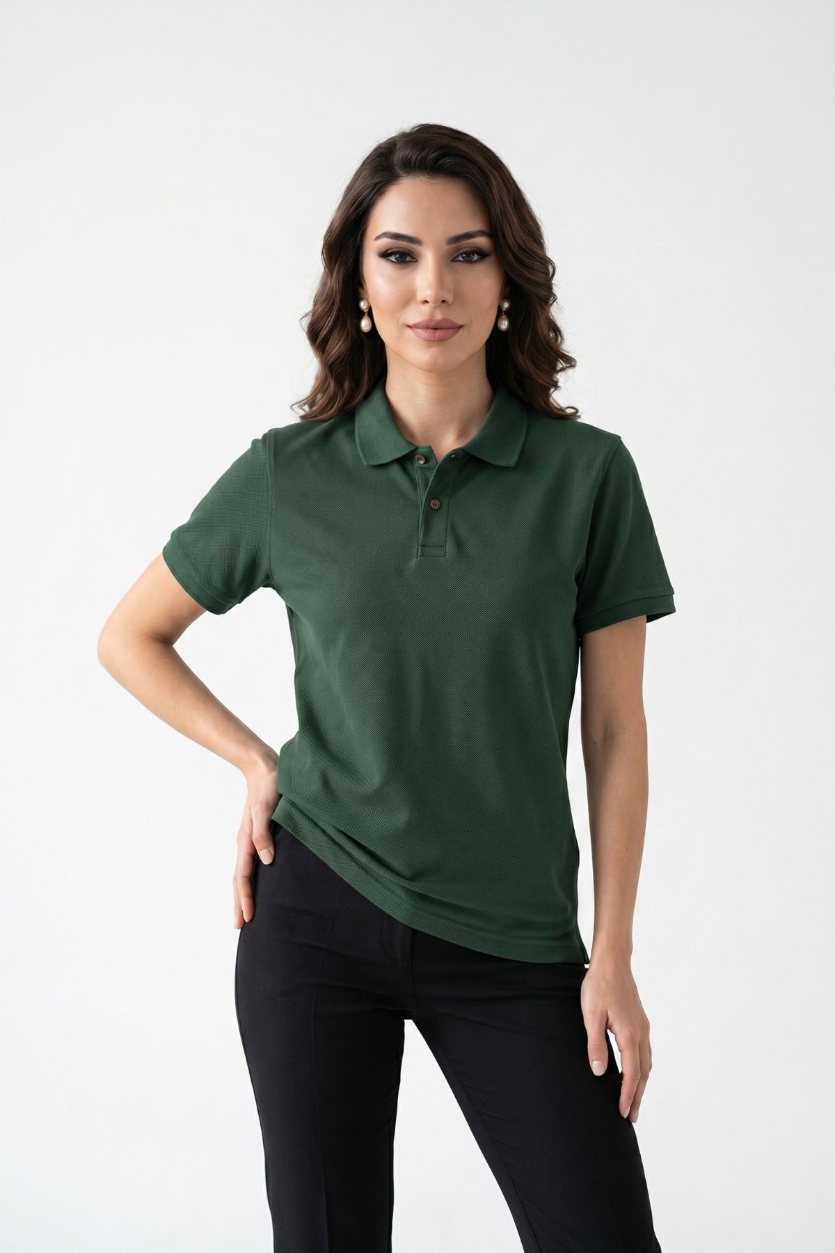 Kadın Polo Yaka Kısa Kollu Düğme Detaylı Şık Tasarım Basic Tişört Günlük Klasik T-Shirt Ofis ve Sokak Stili Uyumlu