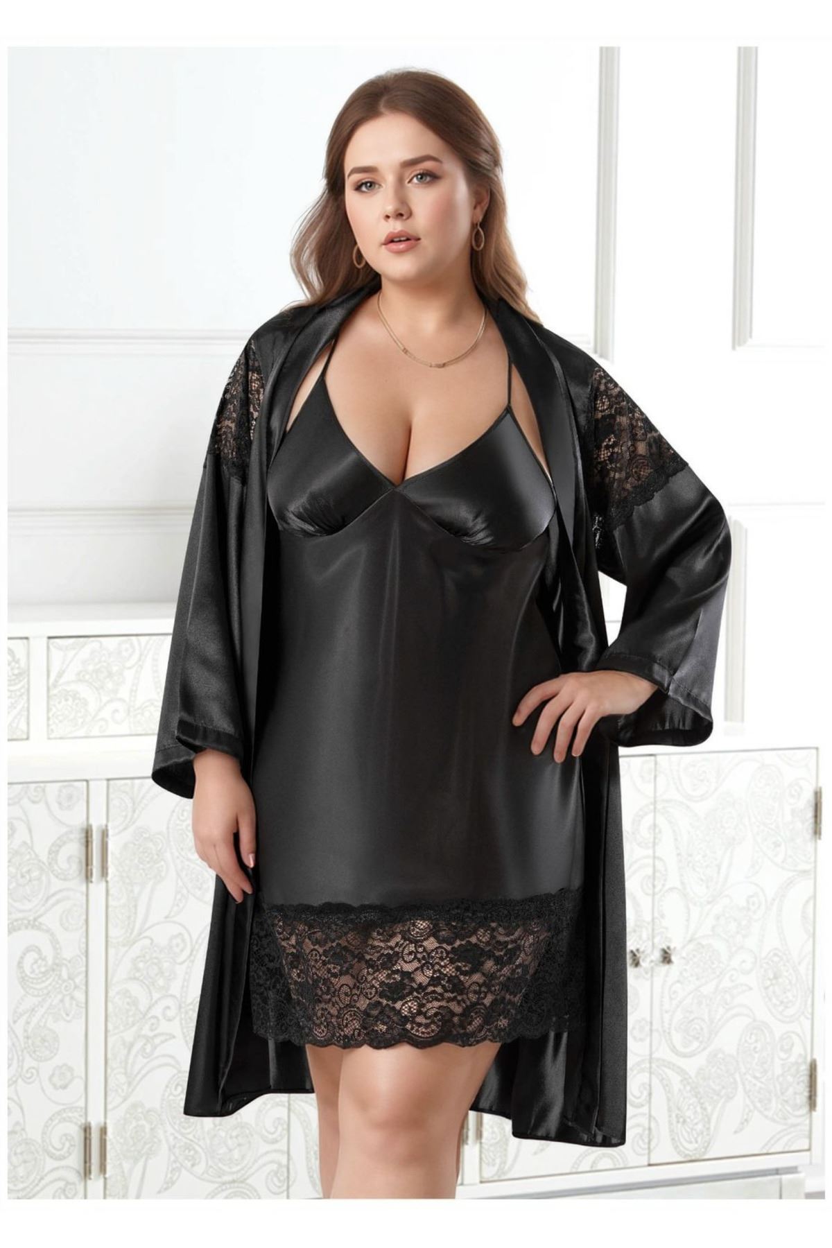 Büyük Beden Saten Gecelik Sabahlık Takımı - Siyah Dantel Detaylı 2'li Plus Size 2'li Set