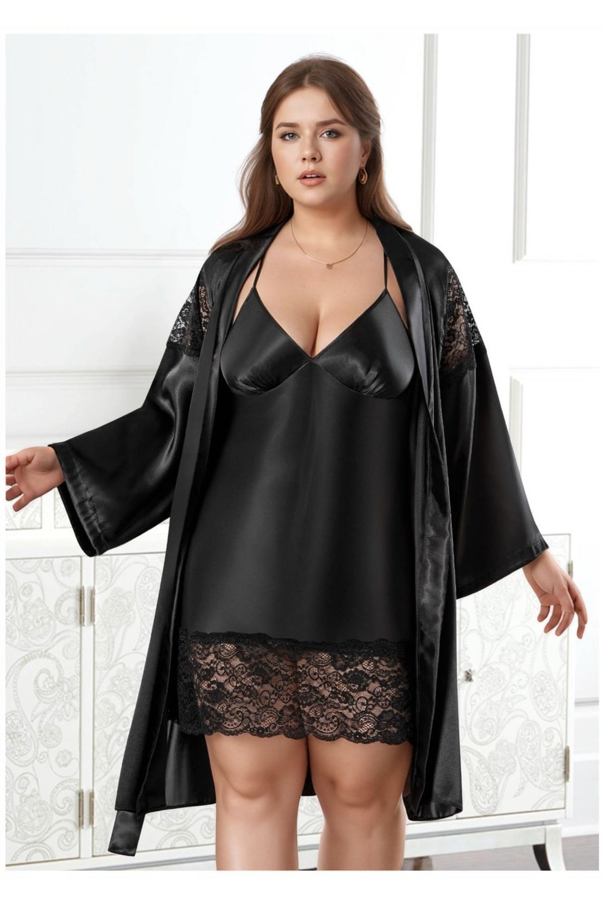 Büyük Beden Saten Gecelik Sabahlık Takımı - Siyah Dantel Detaylı 2'li Plus Size 2'li Set