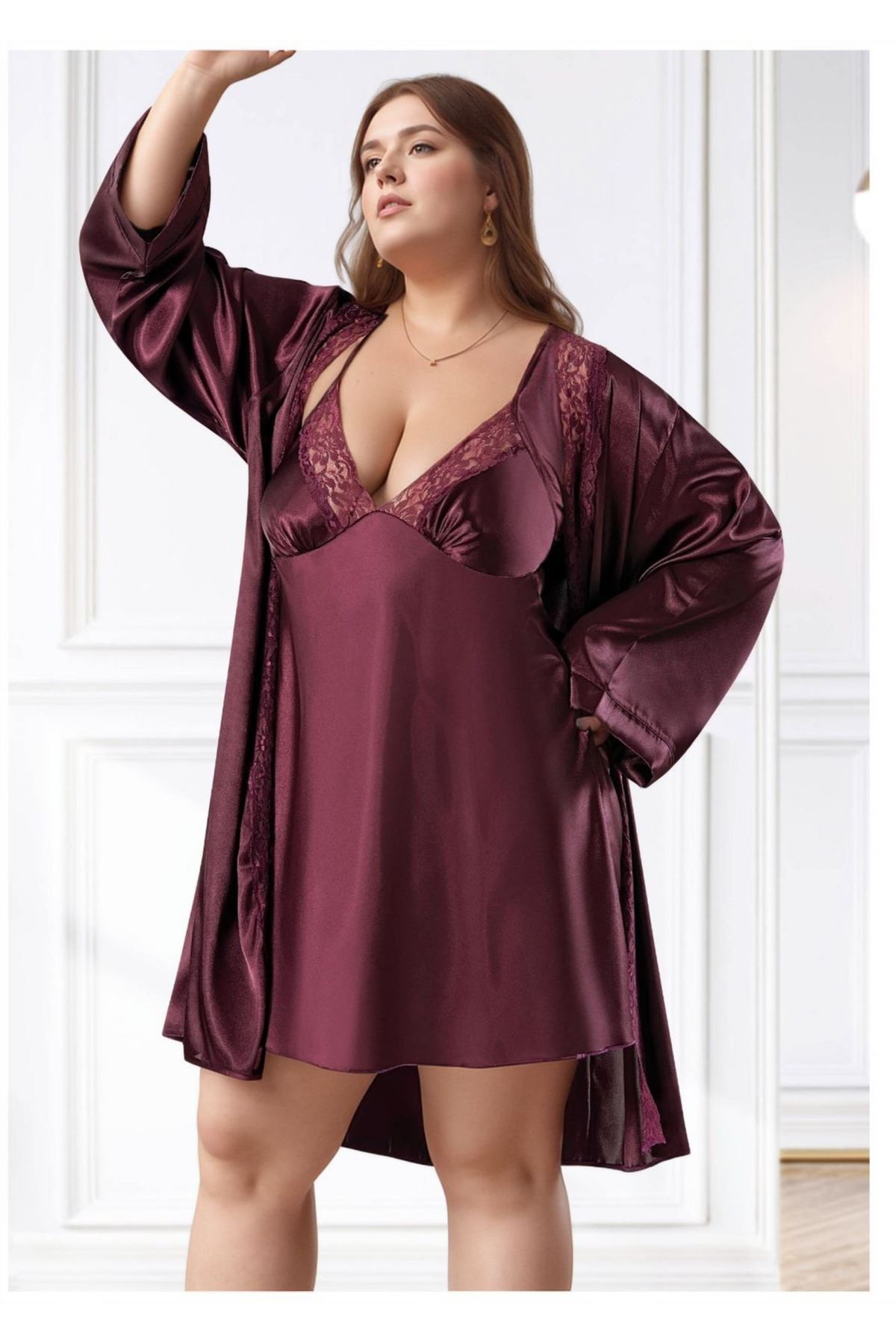 Büyük Beden Saten Gecelik Sabahlık Takımı - Mürdüm Dantel İşlemeli 2'li Plus Size Set