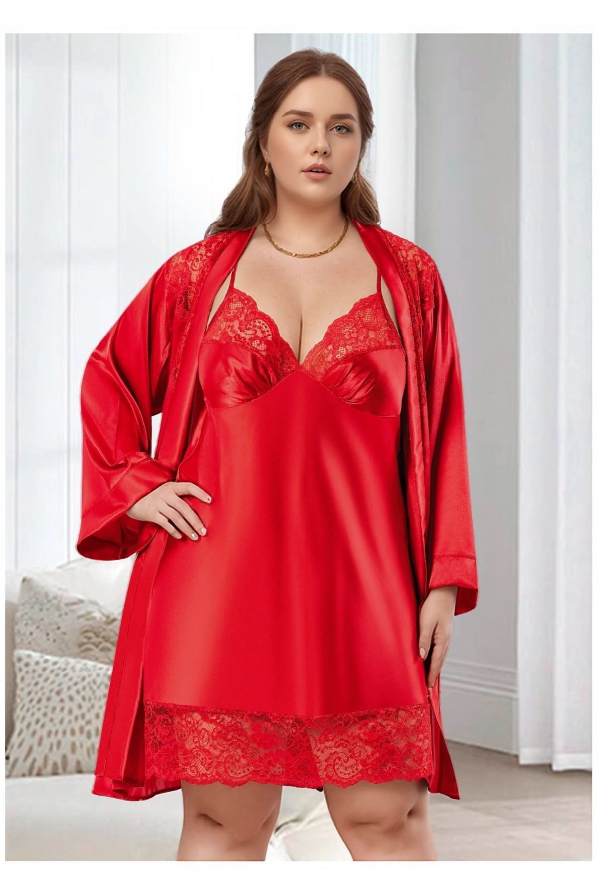 Büyük Beden Saten Gecelik Sabahlık Takımı - Kırmızı Dantel Detaylı 2'li Plus Size Set