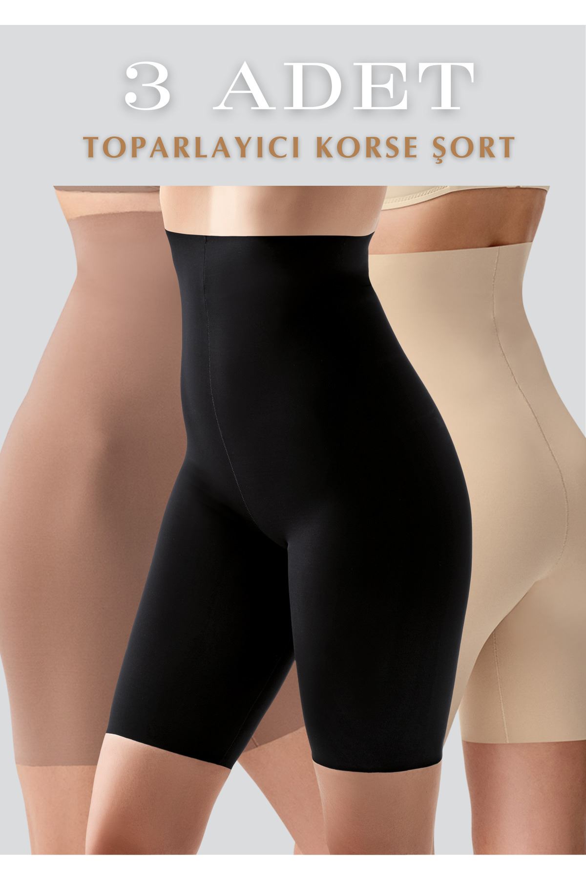 Ultra Yüksek Bel Dikişsiz Toparlayıcı Lazer Kesim Şortlu 3'lü Korse