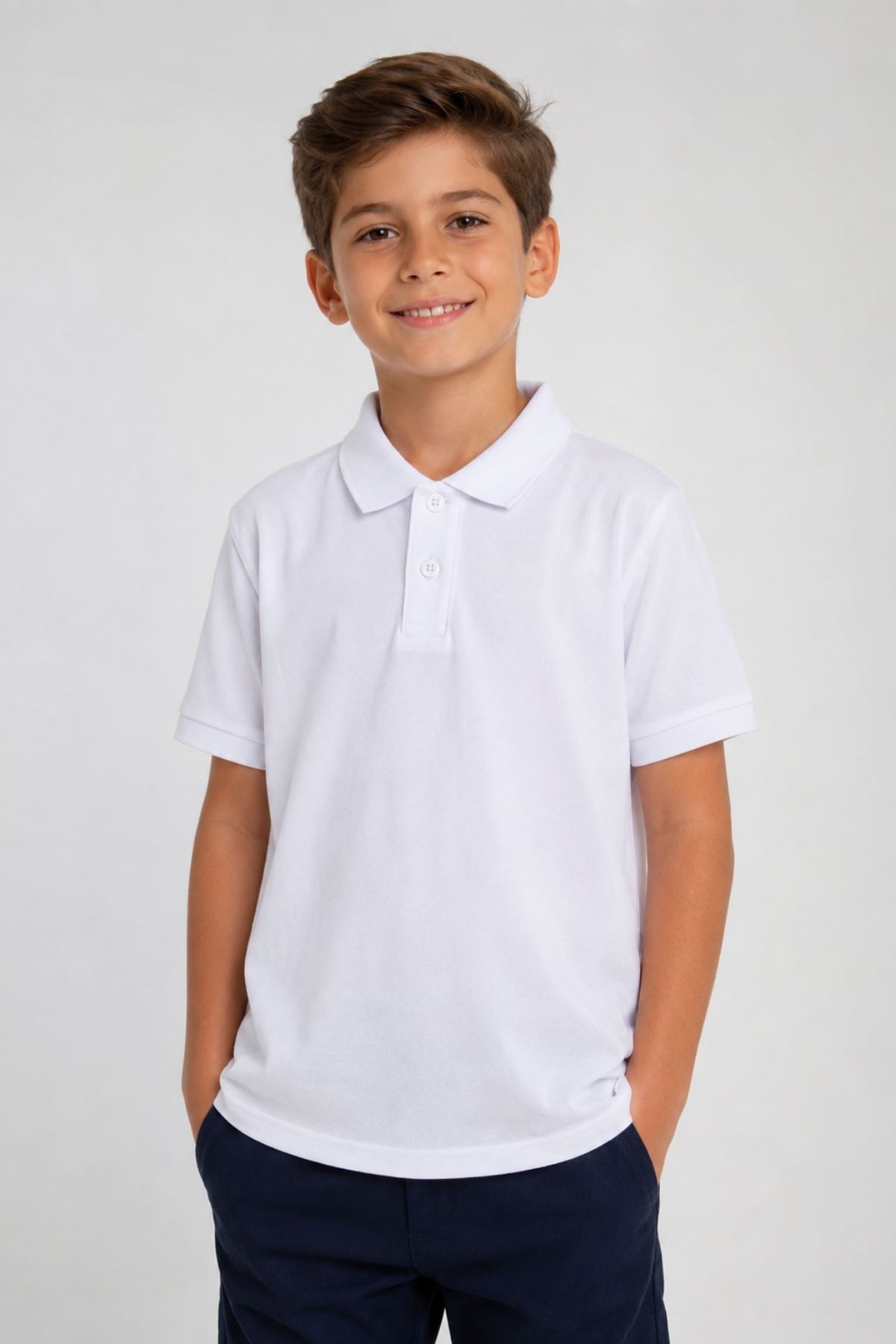 Unisex Kız Erkek Çocuk Polo Yaka Düğmeli Kısa Kollu Pamuklu Basic Tişört