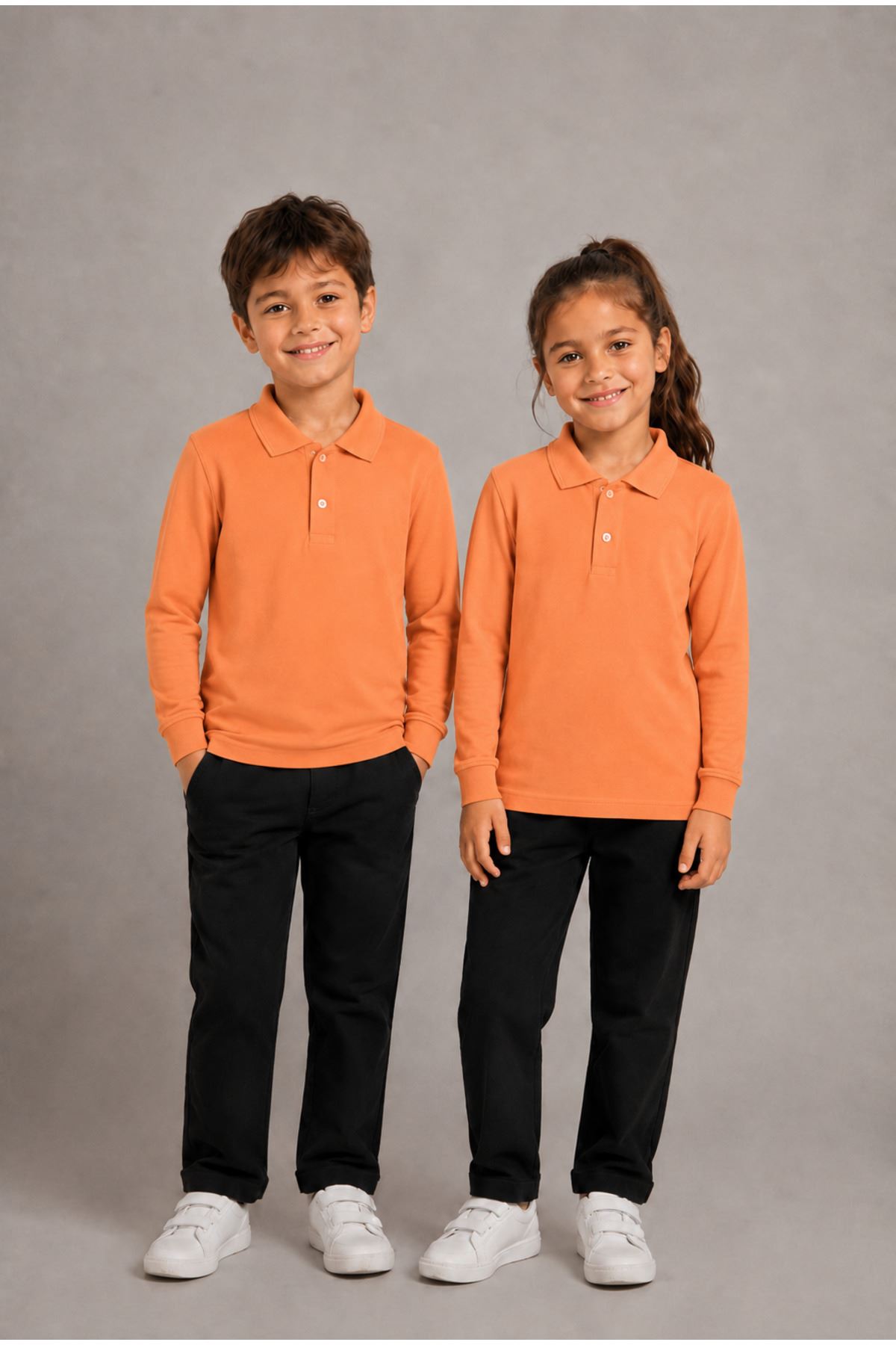 Unisex Çocuk Gri Melanj Uzun Kollu Polo Yaka Düz Basic Tişört