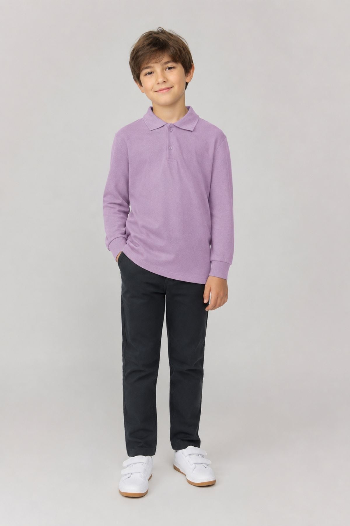 Unisex Çocuk Gri Melanj Uzun Kollu Polo Yaka Düz Renk Basic Tişört