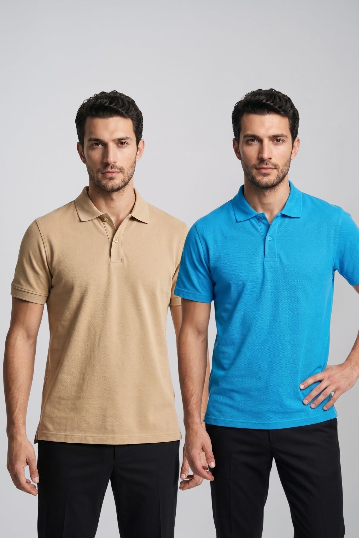 2'li Set Erkek Günlük Şık Polo Yaka Kısa Kollu Düğme Tişört
