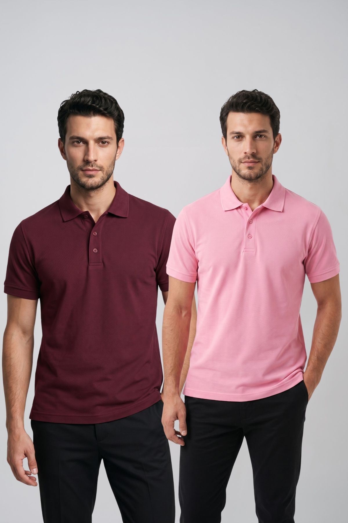 2'li Set Erkek Günlük Şık Polo Yaka Kısa Kollu Düğme Tişört