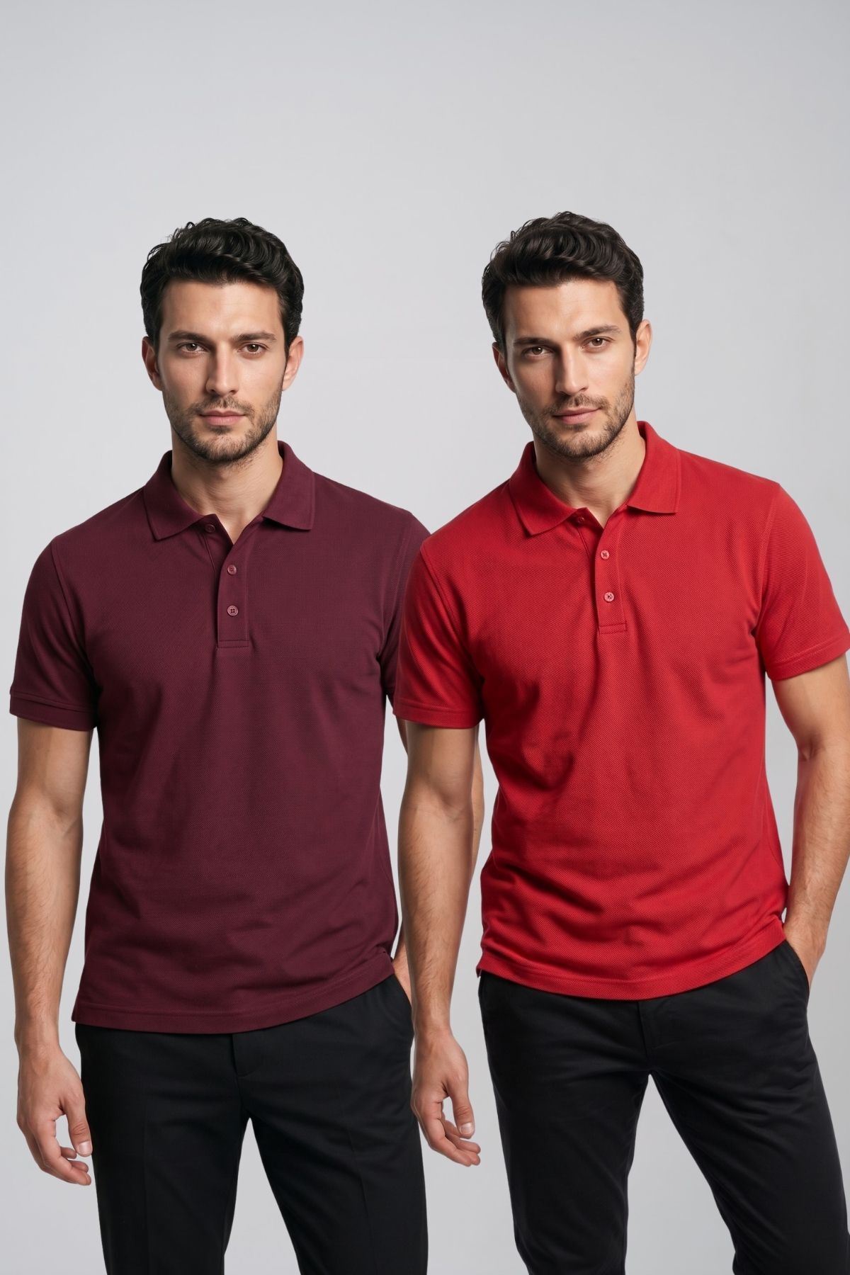 2'li Set Erkek Günlük Şık Polo Yaka Kısa Kollu Düğme Tişört