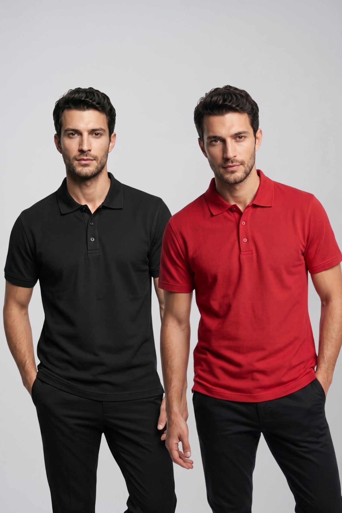 2'li Set Erkek Günlük Şık Polo Yaka Kısa Kollu Düğme Tişört