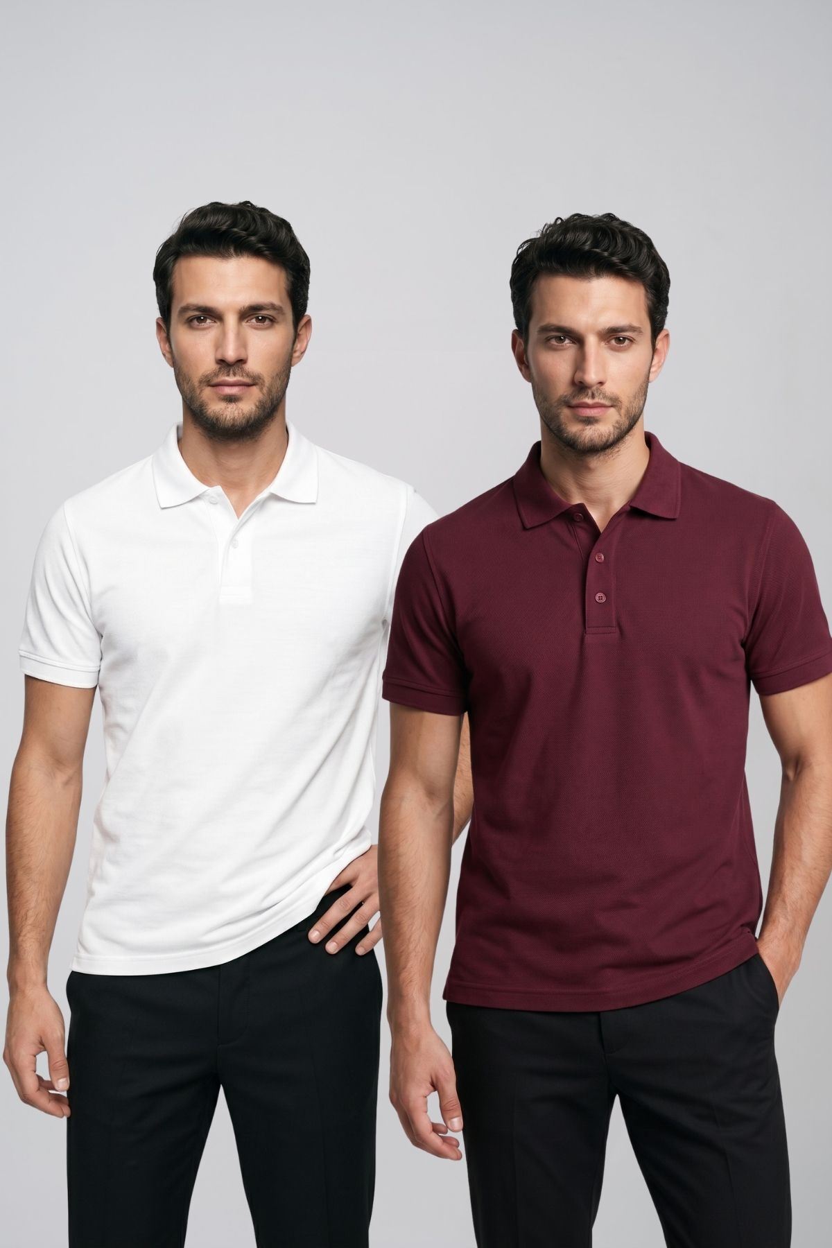 2'li Set Erkek Günlük Şık Polo Yaka Kısa Kollu Düğme Tişört