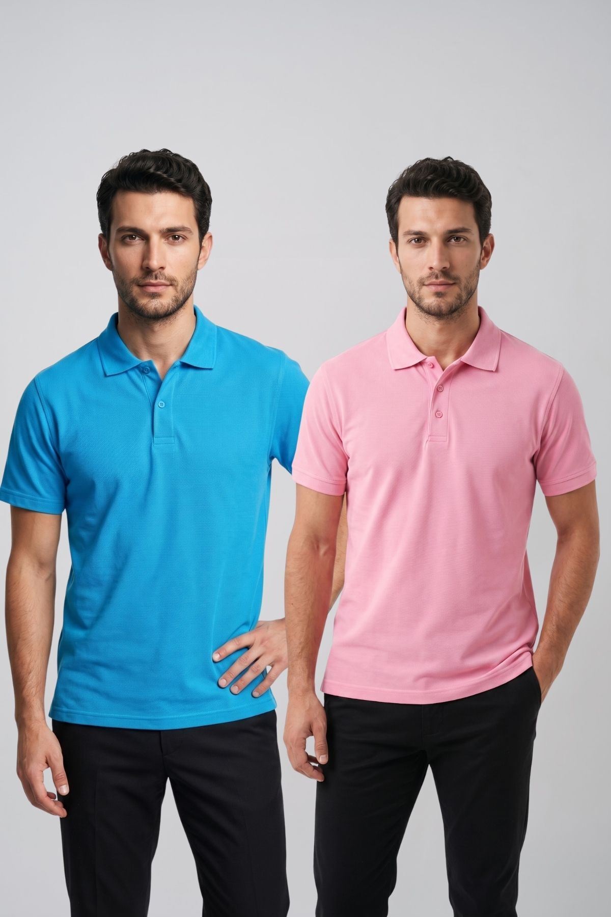 2'li Set Erkek Günlük Şık Polo Yaka Kısa Kollu Düğme Tişört