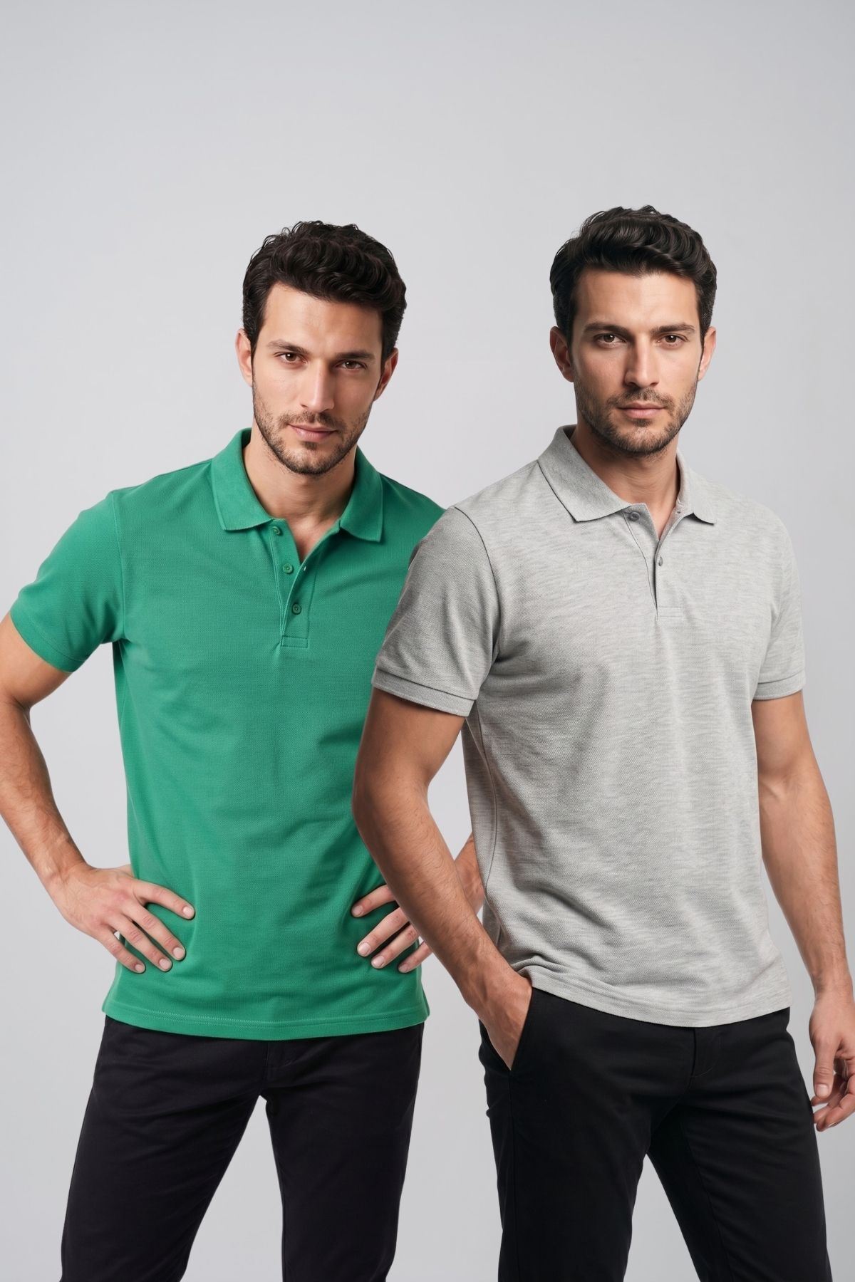 2'li Set Erkek Günlük Şık Polo Yaka Kısa Kollu Düğme Tişört