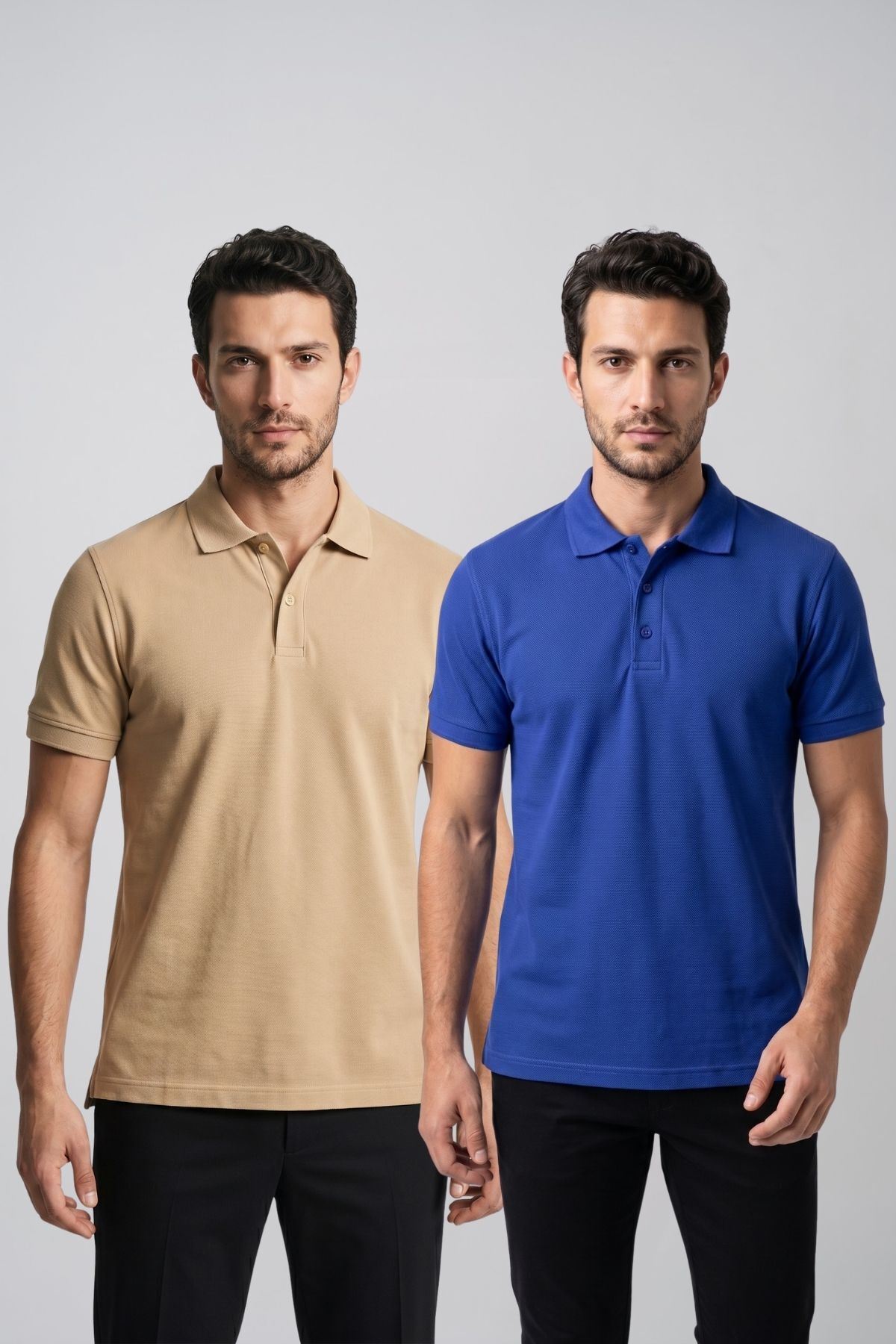 2'li Set Erkek Günlük Şık Polo Yaka Kısa Kollu Düğme Tişört