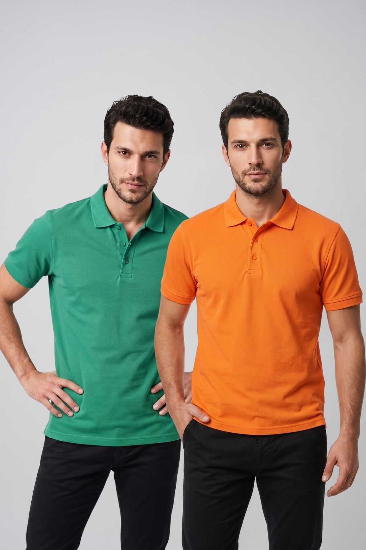 2'li Set Erkek Günlük Şık Polo Yaka Kısa Kollu Düğme Tişört