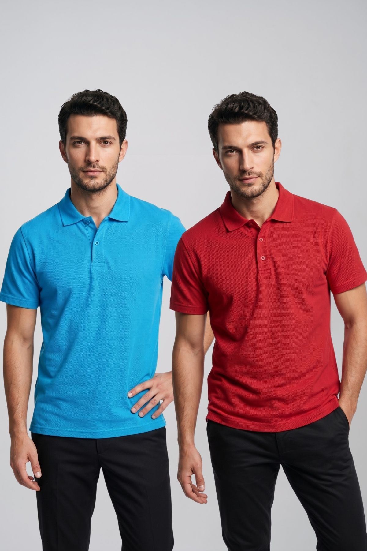2'li Set Erkek Günlük Şık Polo Yaka Kısa Kollu Düğme Tişört